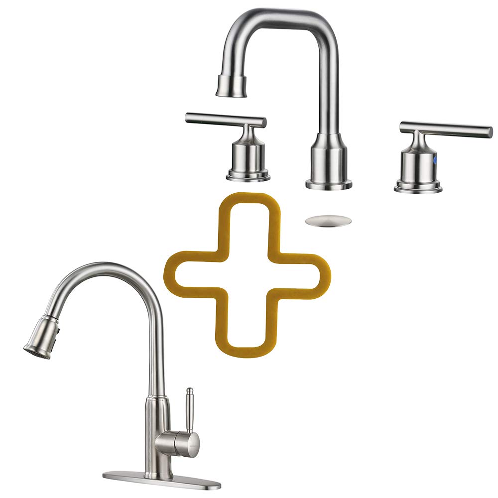 WOWOW Pull Down Kitchen Faucet with 3 Spray Modes - 8 Inch Widespread High Arc Brushed Nickel Stainless Steel Sink Faucet - Perfect for Modern Kitchens & Bathroom Vanities