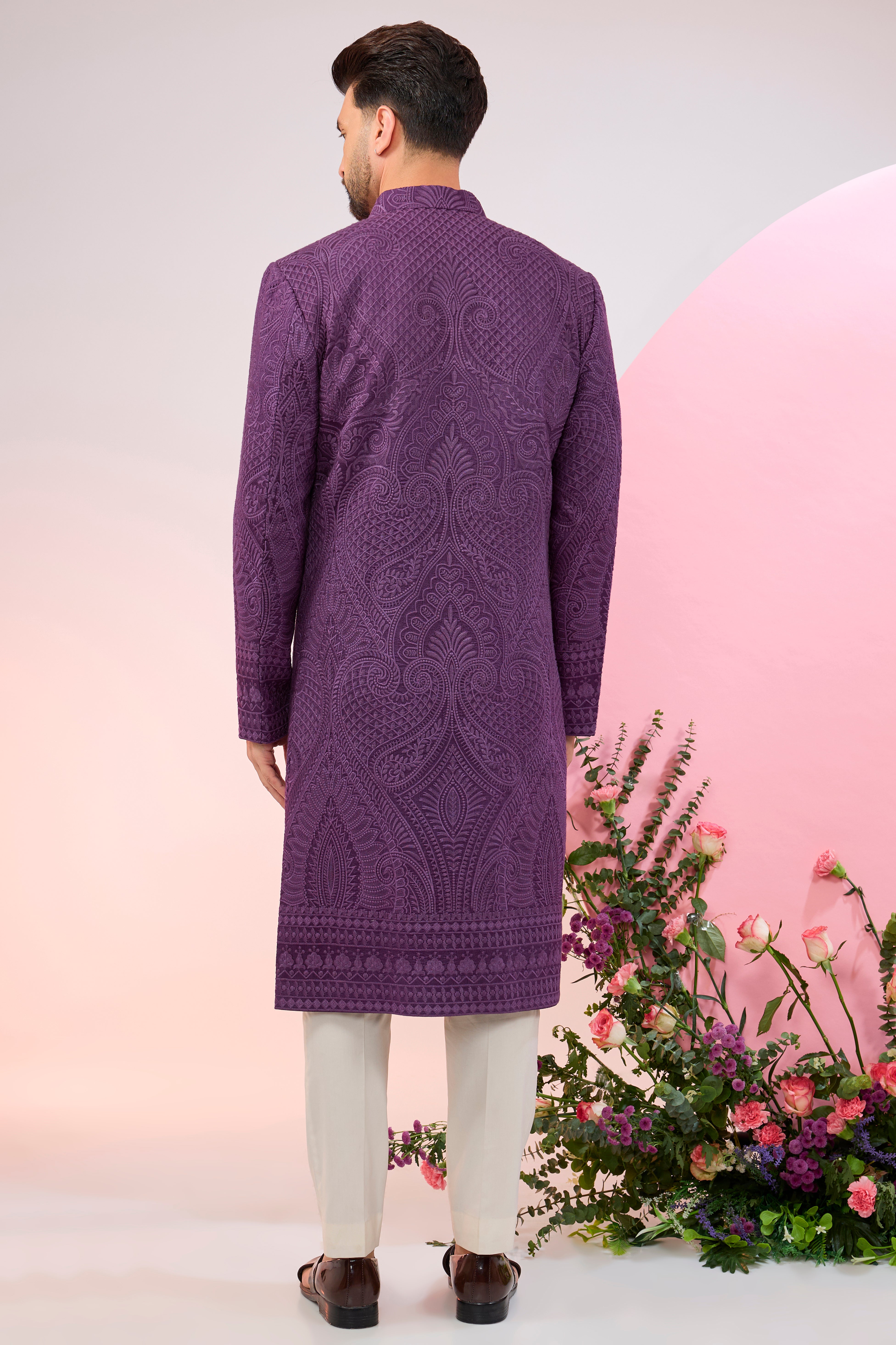 Elegant Purple Kashmiri Embroidered Sherwani with Intricate Thread Work - Traditional Indian Wedding Attire for Grooms & Special Occasions