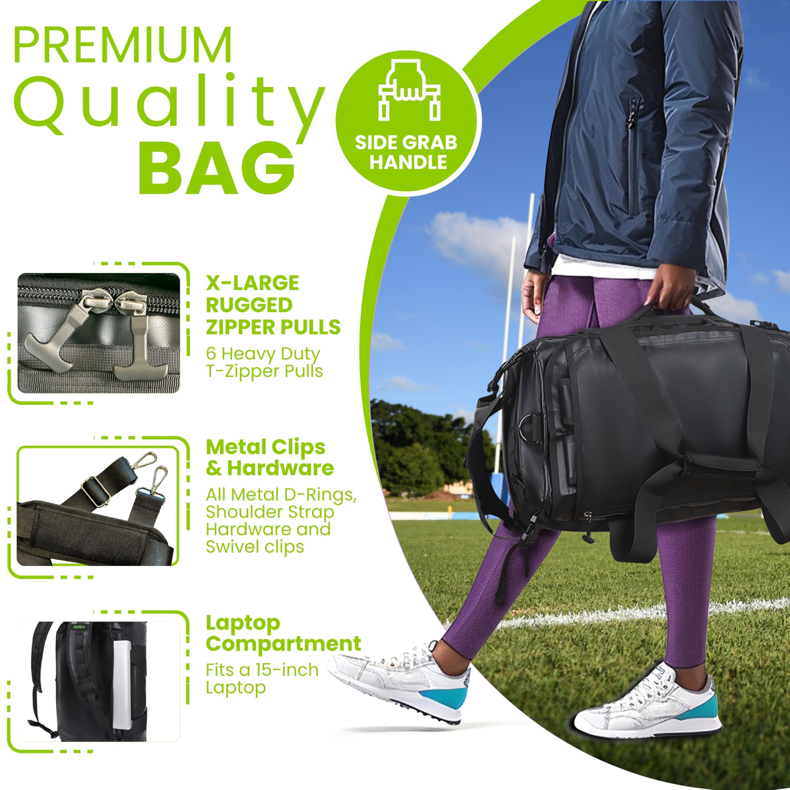 **32L Rugby Duffel Bag - Water-Resistant, 3-Way Carry, Adjustable Ball Carrier & Laptop Compartment - Durable Sports & Travel Backpack for Men (Black) - Perfect for Rugby, Gym, and Weekend Getaways**