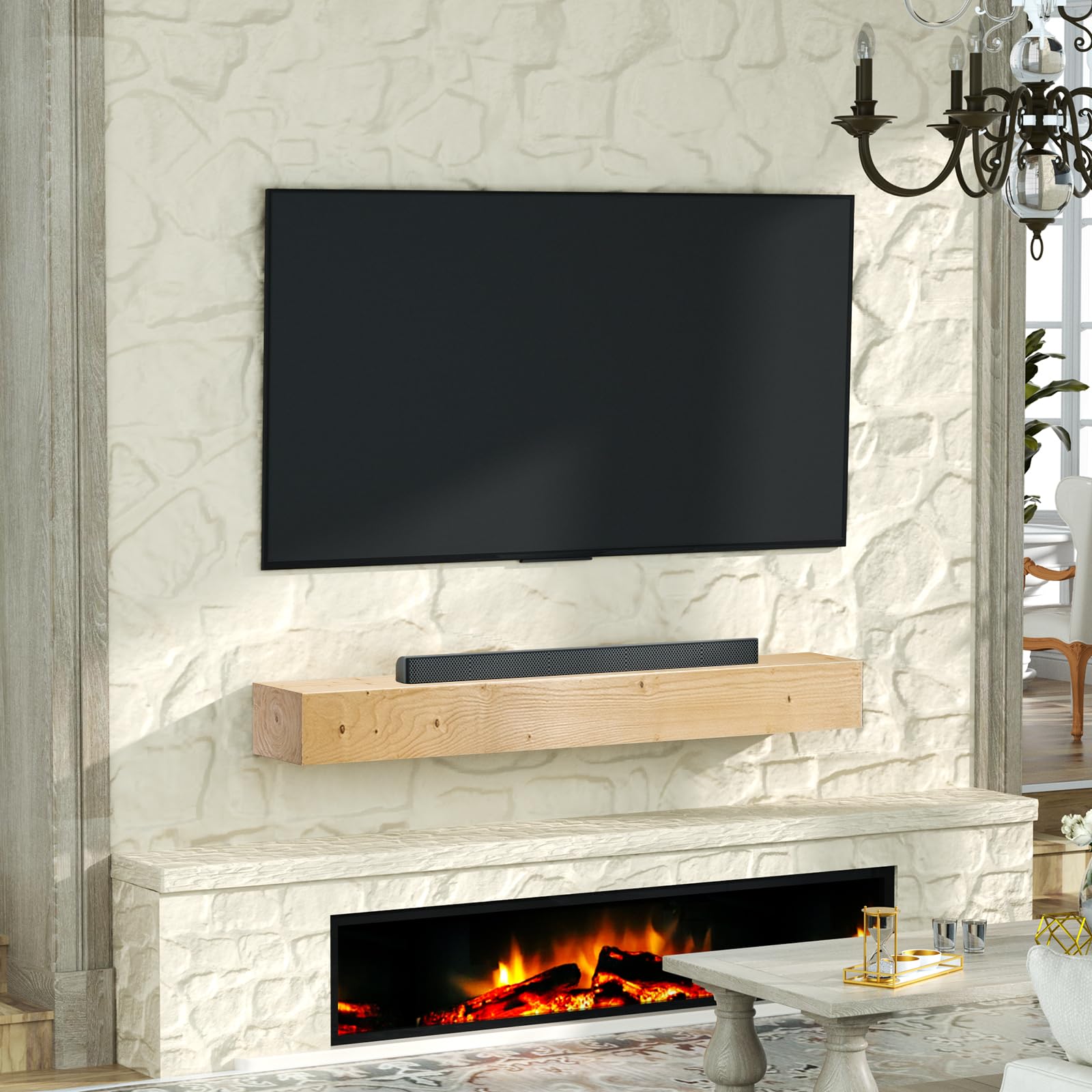 LOVMOR 60-Inch Floating Fireplace Mantel Shelf - Natural Wood Wall Mounted Mantle with 4 Shelves for Fireplace Decor (48