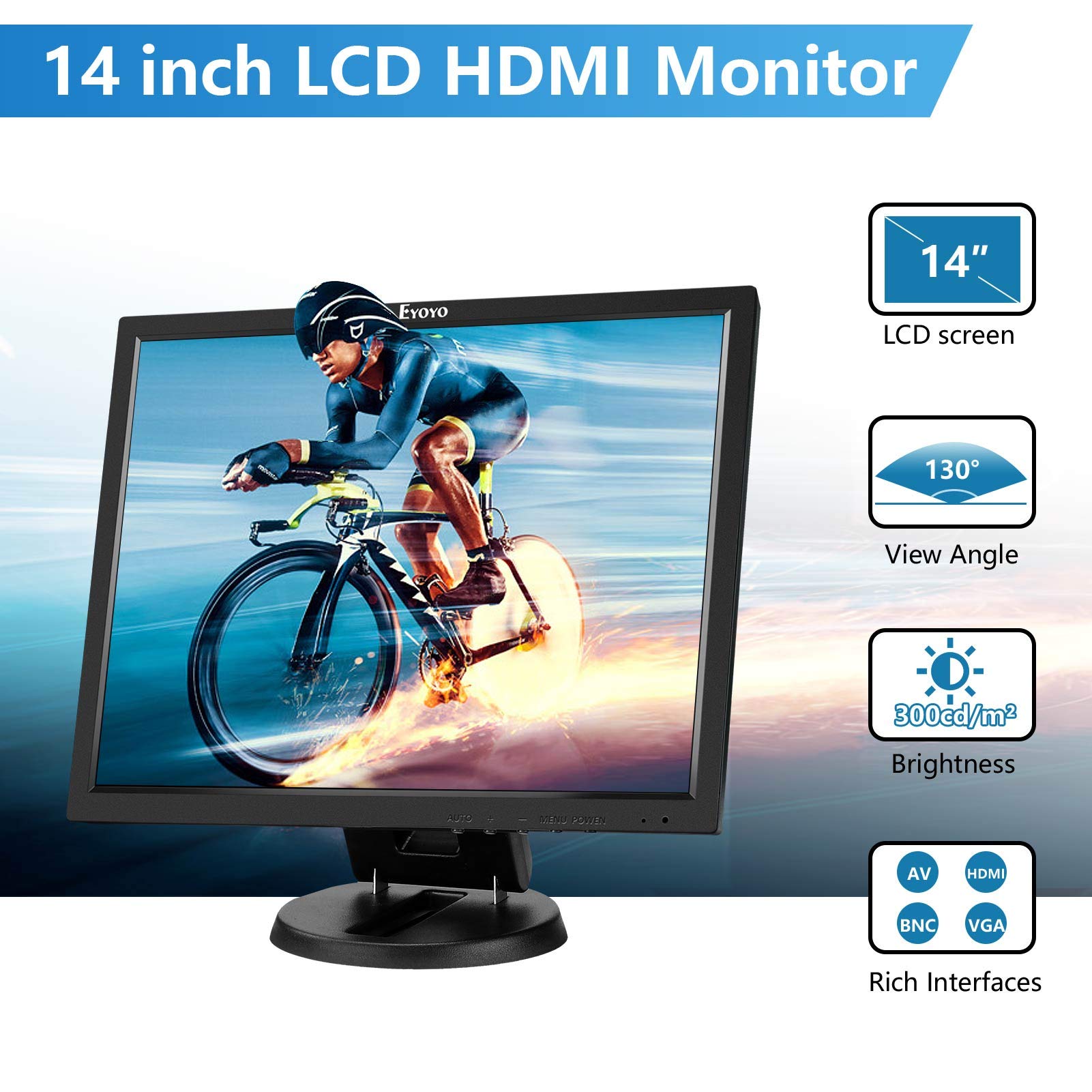 Eyoyo 14 Inch LCD HDMI Monitor - 1024x768 Resolution, VGA Display for Security Cameras with HDMI/VGA/AV/BNC Inputs, Built-in Speakers & Remote Control - Ideal for Surveillance, Gaming & Home Office Use