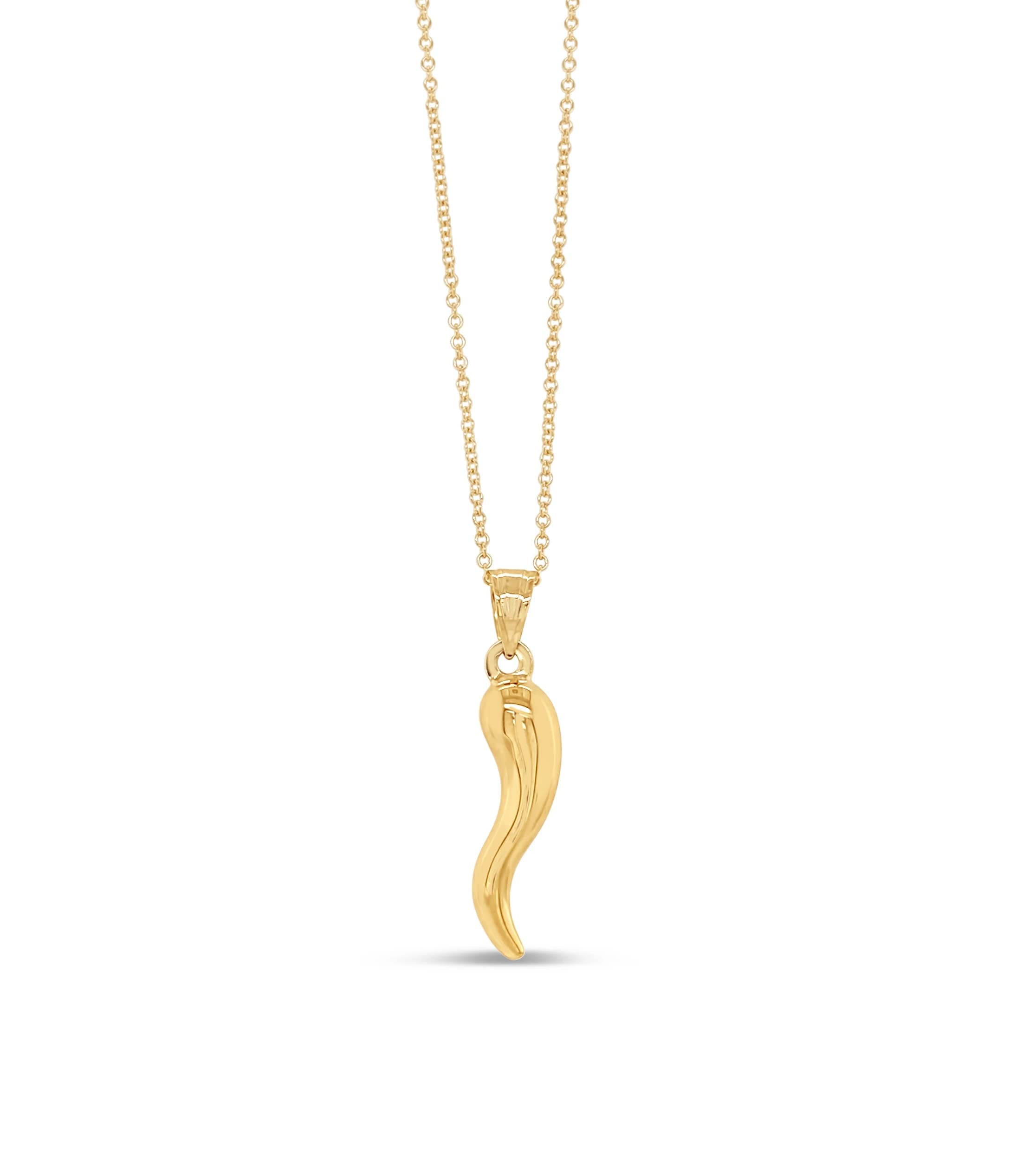14K Gold Italian Horn Cornicello Charm Pendant Necklace for Men & Women - Hypoallergenic Lobster Clasp - 18