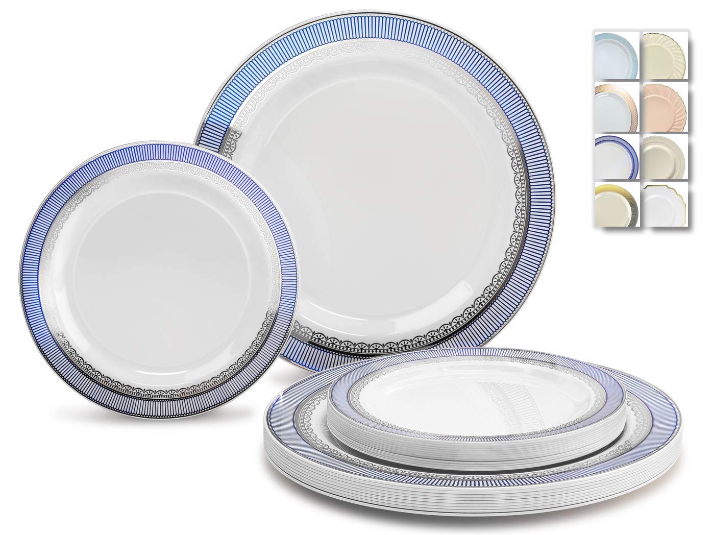 240-Pack Heavyweight Disposable Plastic Plates for Weddings & Parties - 120 x 10.5'' Dinner Plates + 120 x 7.5'' Salad/Dessert Plates in Louvre Blue/Silver - Perfect for Large Gatherings, Catering & Special Events