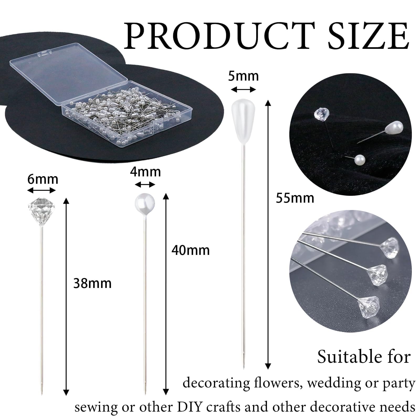300 PCS Floral Pins for Bouquets - Pearl & Diamond Boutonniere Pins (3 Styles) - Wedding Corsage Accessories, Dressmaking, Sewing, Jewelry & Flower Decoration - Perfect for DIY Crafts, Bridal Bouquets, and Gift Wrapping