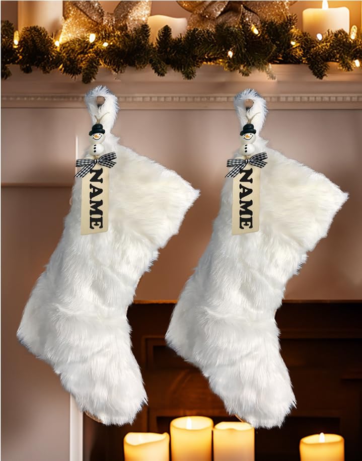 AISENO 2 Pack 18 Inch White Faux Fur Christmas Stockings - Hanging Holiday Decorations for Fireplace, Candy Gifts, Xmas Tree & Festive Home Decor