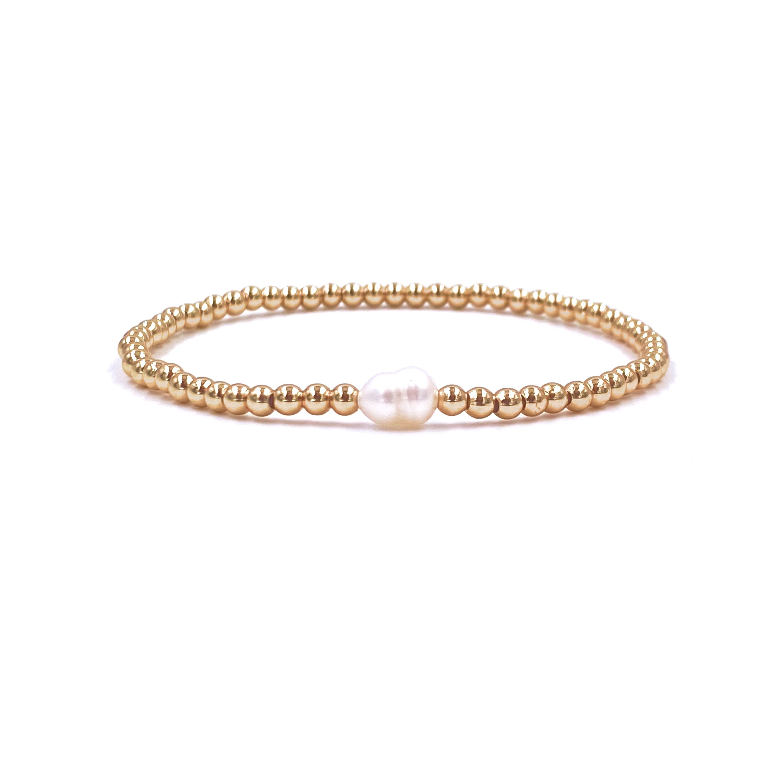 Ashley Gold Stainless Steel Single Pearl Beaded Ball Stretch Bracelet for Women - Elegant Adjustable Pearl Jewelry for Parties, Weddings & Everyday Wear