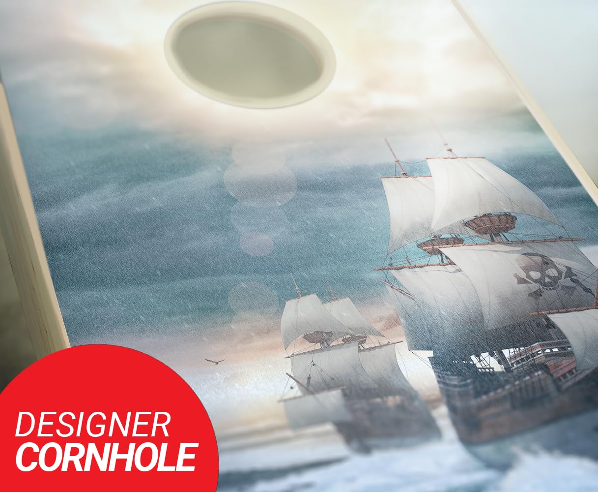 Pirate Ship Cornhole Board Set - Regulation Size Cornhole Game with Boards, Optional LED Lights & Carrying Cases - Perfect for Backyard Parties, Tailgating & Outdoor Events
