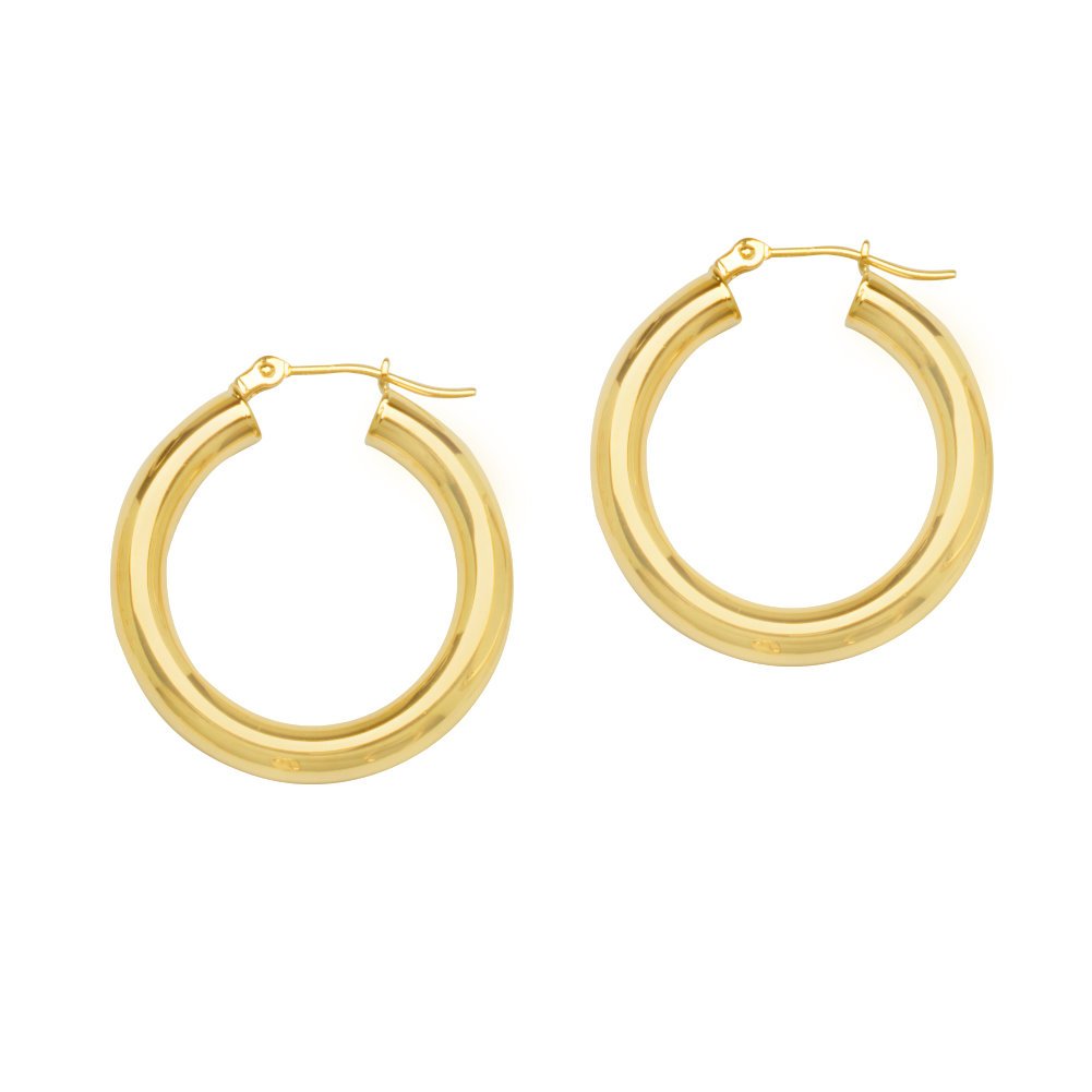 14K Yellow Gold Polished Hoop Earrings 4x25mm - Classic Click Closure Post Back - Perfect for Everyday Wear, Parties & Special Occasions