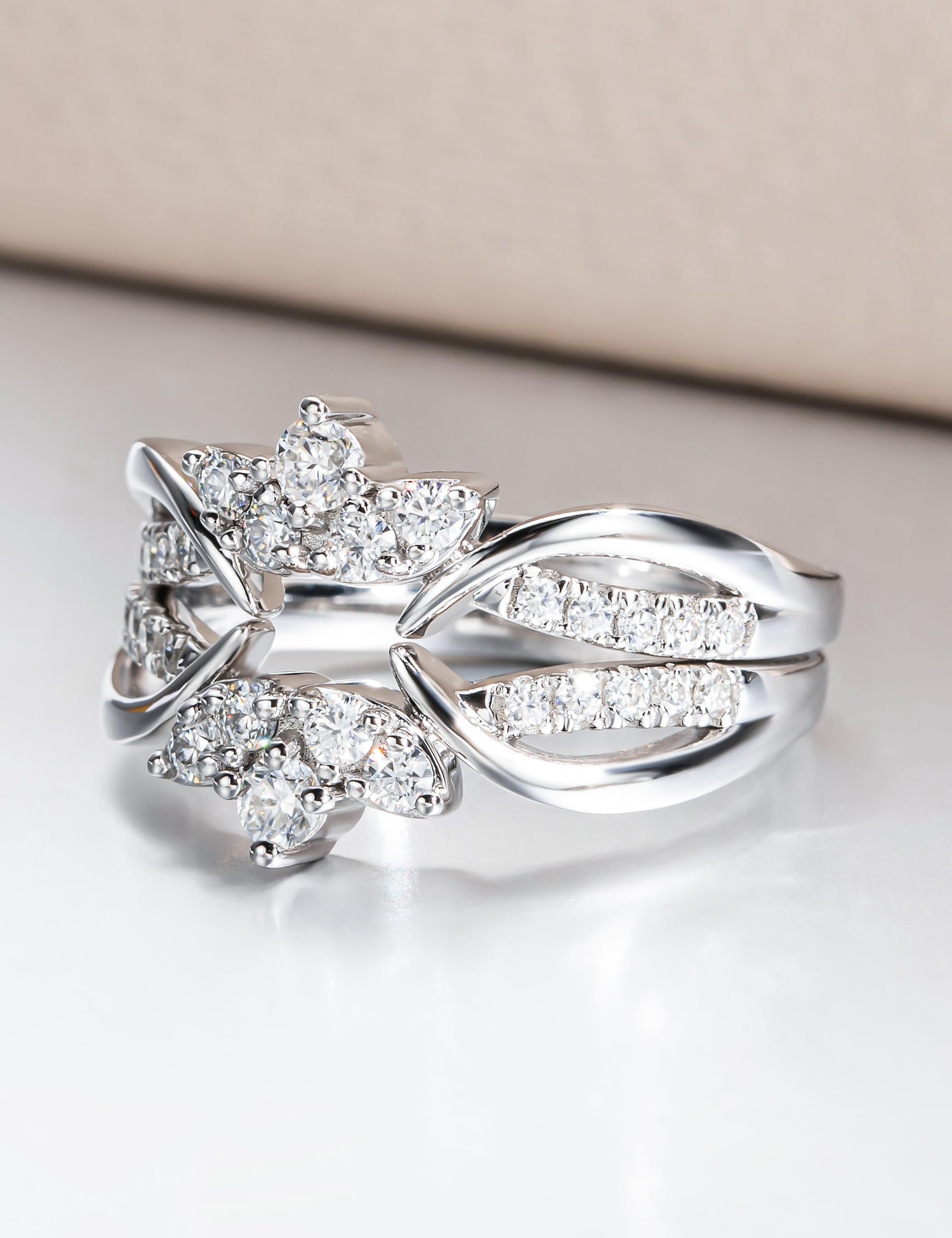 Moissanite Ring Enhancer Set - 2 Pack Platinum Plated Silver Wrap Guard for Engagement & Anniversary Rings, Curved Eternity Wedding Band for Women | Perfect for Stacking Rings, Bridal Jewelry & Special Occasions