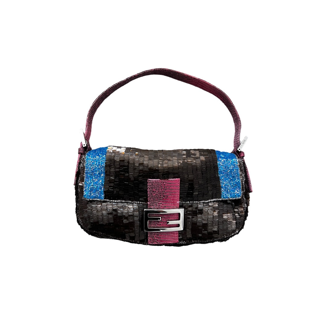 Vintage Fendi Brown Sequin Shoulder Bag with Blue Stripes - Elegant Crossbody Purse for Women, Perfect for Parties, Weddings & Evening Events