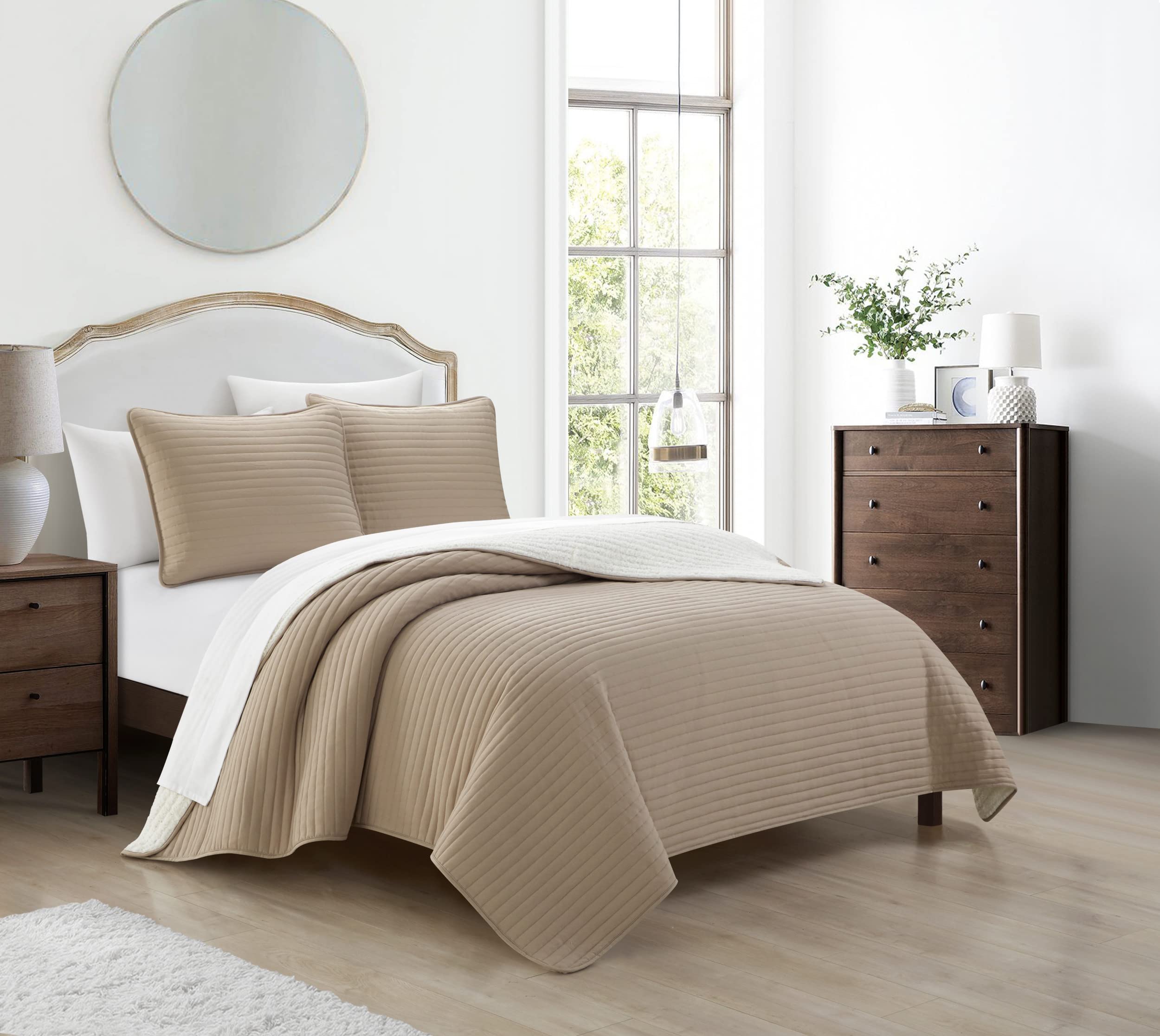 Chic Home St Paul 3-Piece Quilt Set - Contemporary Striped Sherpa-Lined Bedding with Pillow Shams | King Size Taupe | Cozy Winter Bedroom Upgrade for Master & Guest Rooms