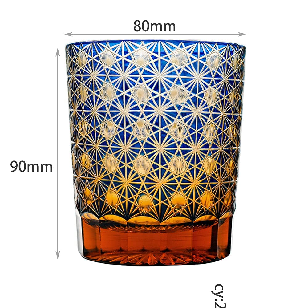 Premium Hand-Cut 8oz Amber & Blue Crystal Old Fashioned Whiskey Glasses Set with Gift Box - Elegant Barware for Cocktails, Bourbon, Scotch & Home Entertaining