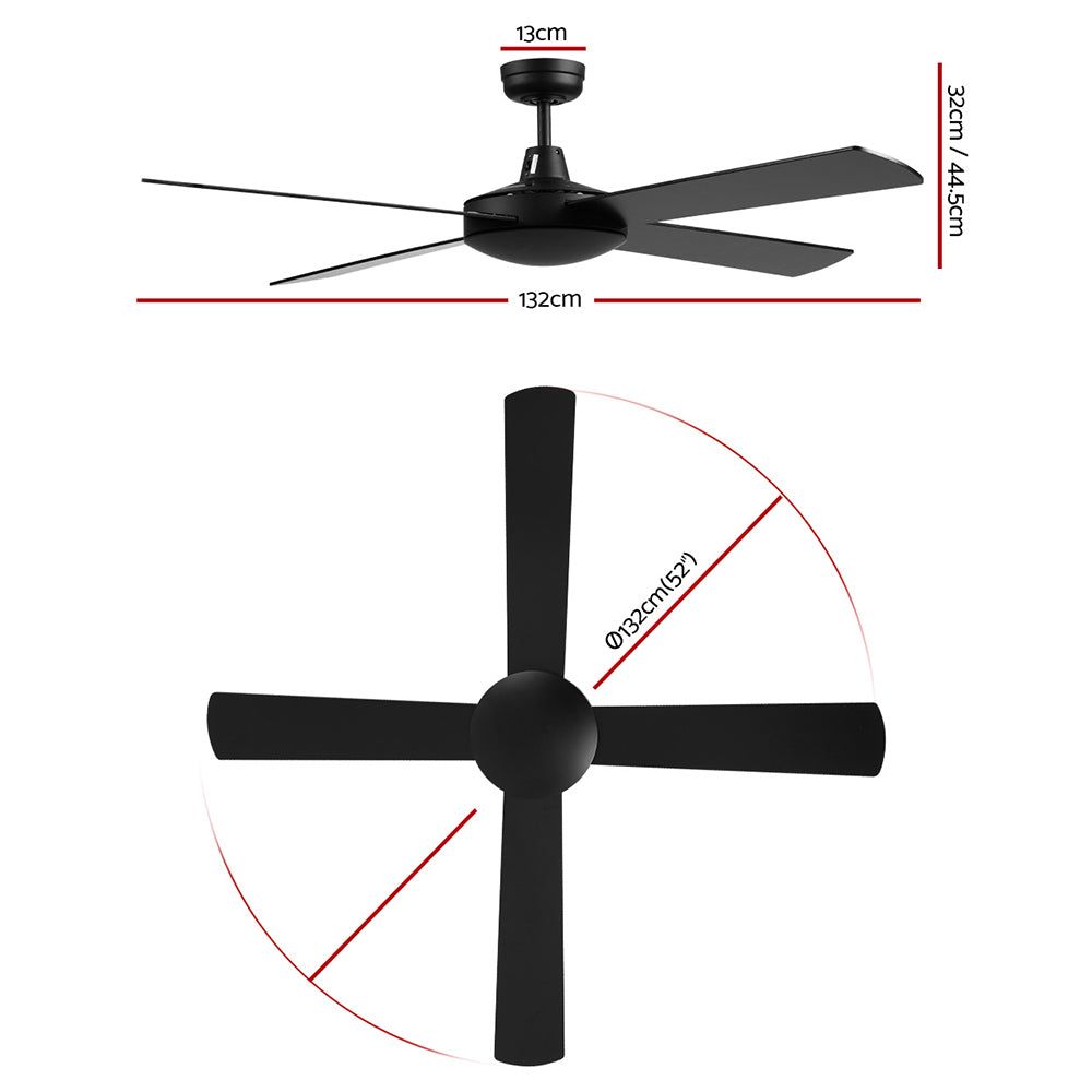 Devanti 52 Inch Black Ceiling Fan with Remote Control - Quiet High Speed Cooling for Bedroom, Living Room & Outdoor Patio