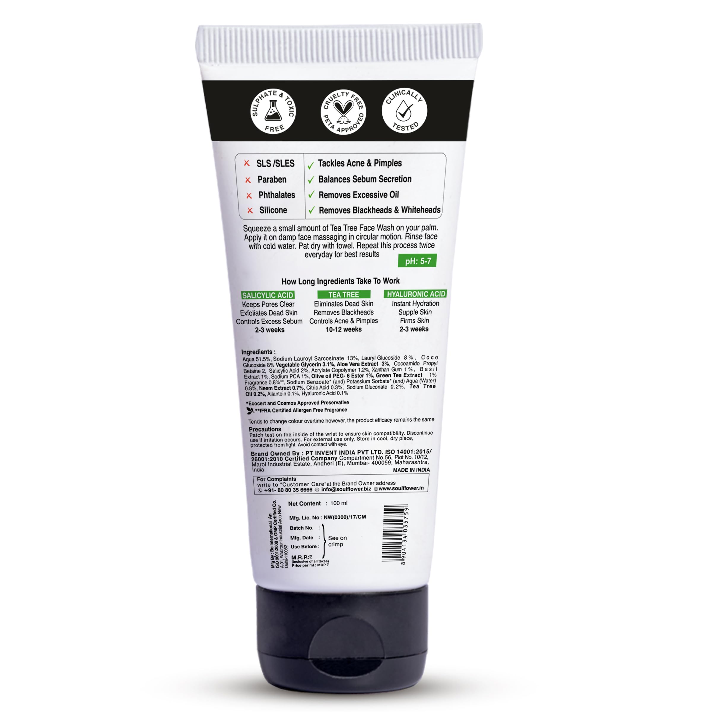 Soulflower Salicylic Acid Face Wash for Acne & Pimples Treatment - Deep Cleansing Facial Cleanser with Tea Tree, Neem, Green Tea & Basil | Sulfate-Free, 100ml | Perfect for Daily Skincare Routine & Oily/Acne-Prone Skin