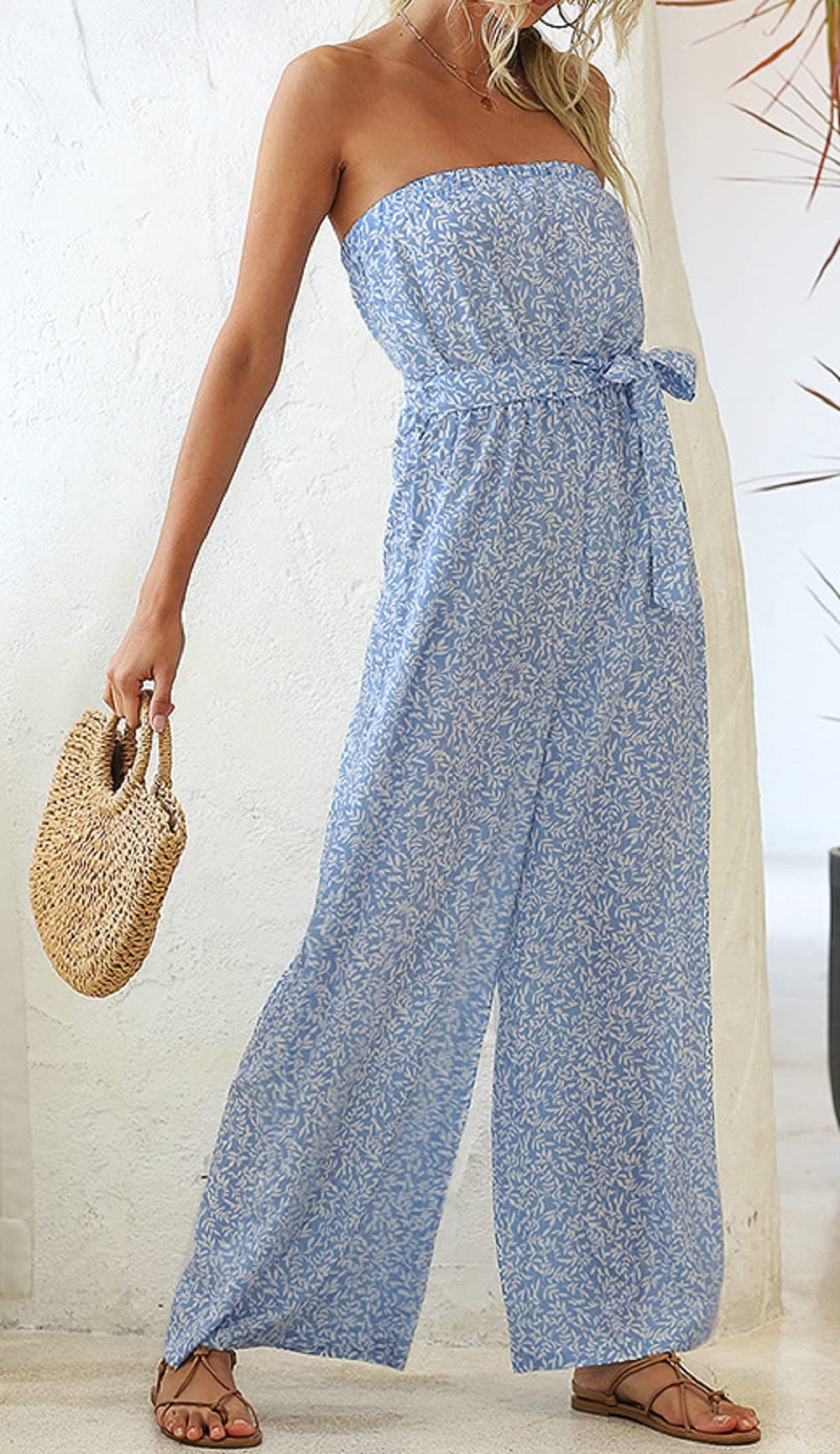 CHARTOU Women's Off The Shoulder Wide Leg Loose Floral Print Belt Bandeau Jumpsuit - Summer Beach Party, Vacation Outfit, Casual Wear, Boho Chic Fashion