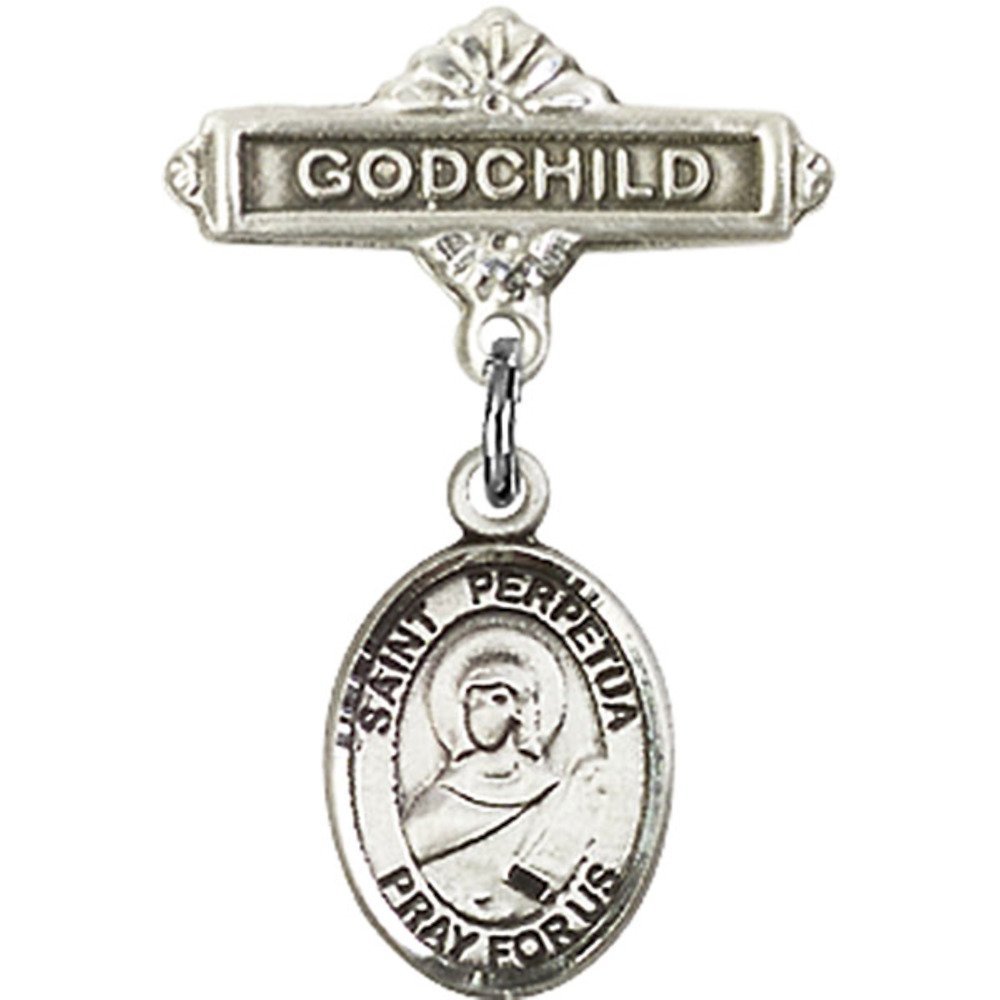 Sterling Silver Baby Badge with St. Perpetua Charm & Godchild Pin - 1 x 5/8 Inch - Perfect for Baptism, Christening & First Communion Gifts