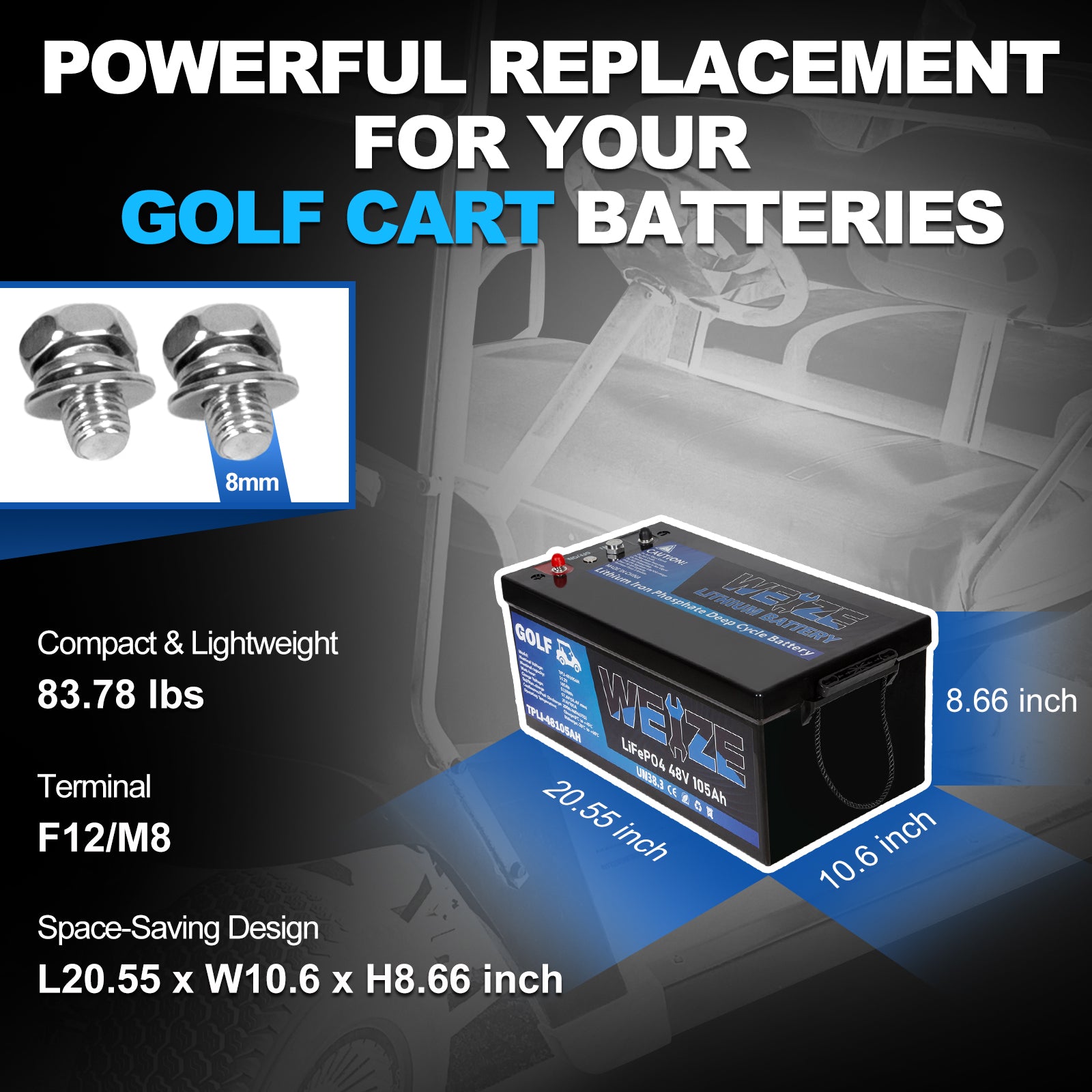 WEIZE 48V 105Ah LiFePO4 Deep Cycle Golf Cart Battery - 5376Wh Bluetooth Lithium Battery with 8000+ Cycles, 200A BMS & 10 Year Warranty - Includes Fast Charger for Golf Carts, RVs, Marine & Solar Power Systems