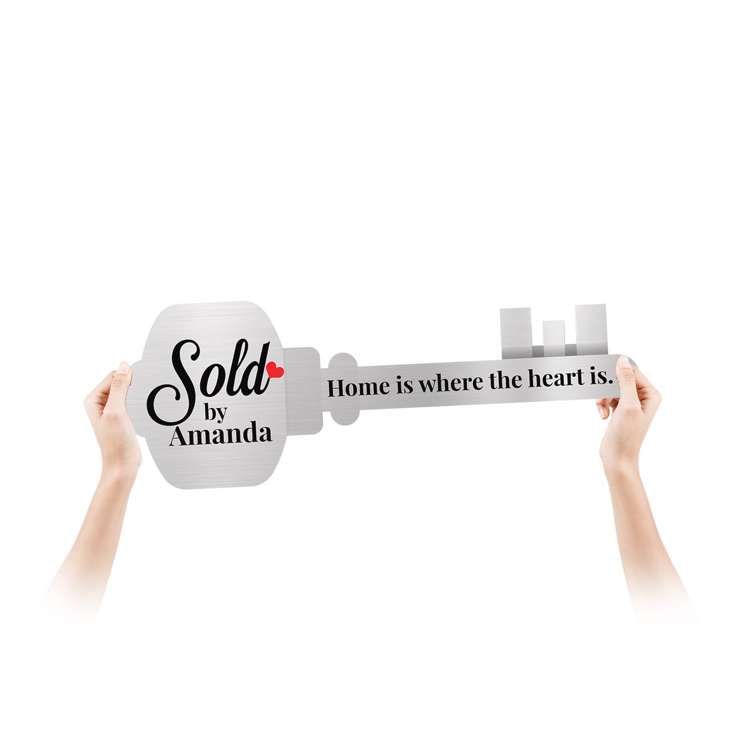 Custom Real Estate Key Sold Sign - Personalized Large Realtor Sold Key Sign Prop for Marketing - Light Metal Silver Key Size M - Perfect for Open Houses, Closing Gifts & Agent Branding