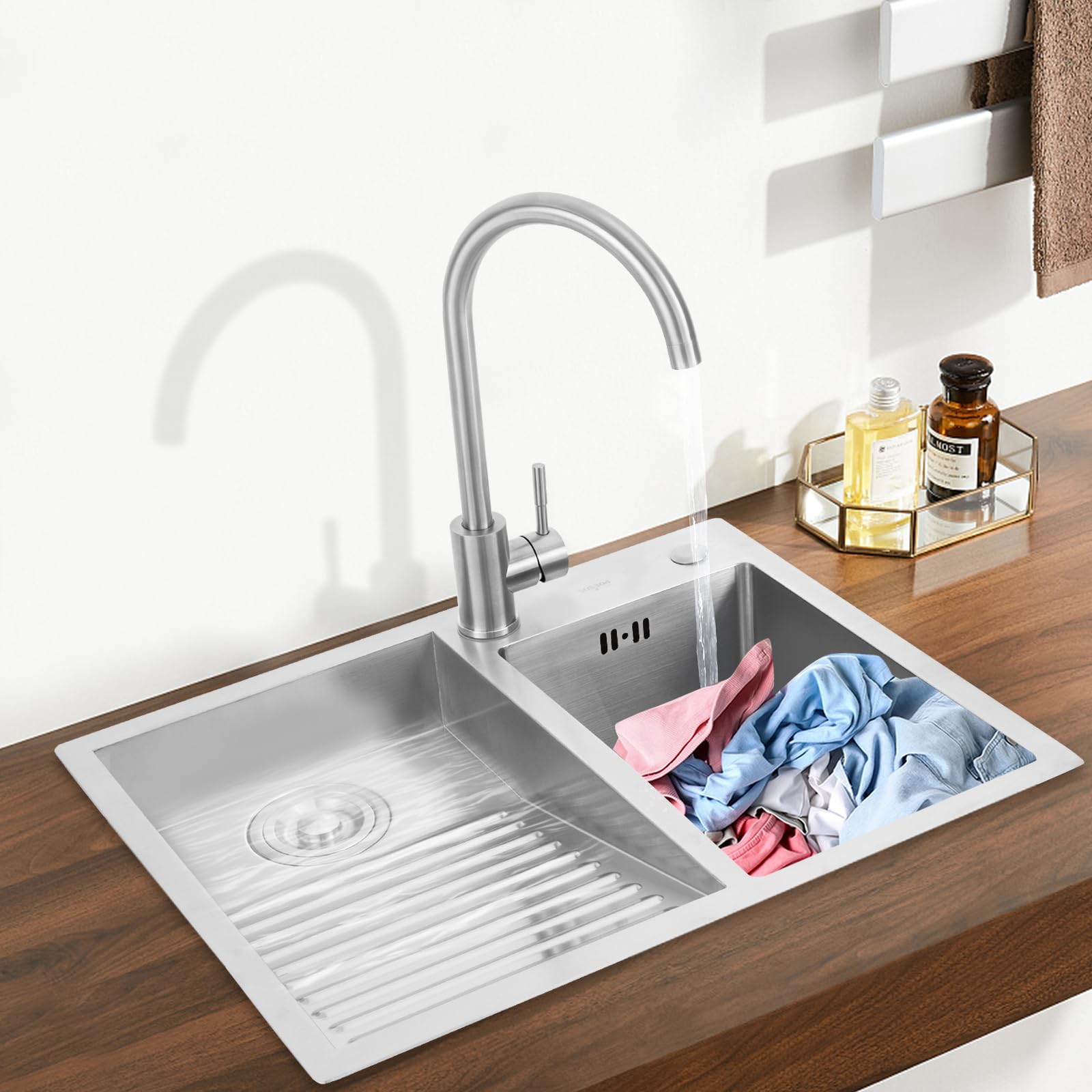 Stainless Steel Laundry Utility Sink with Washboard - 23.62 Inch Double Basin Bathroom & Utility Sink with Faucet - Easy to Clean Indoor/Outdoor Use - Perfect for Laundry Room, Basement, Garage & RV (23.62x18.89in Left Side Washboard Included)