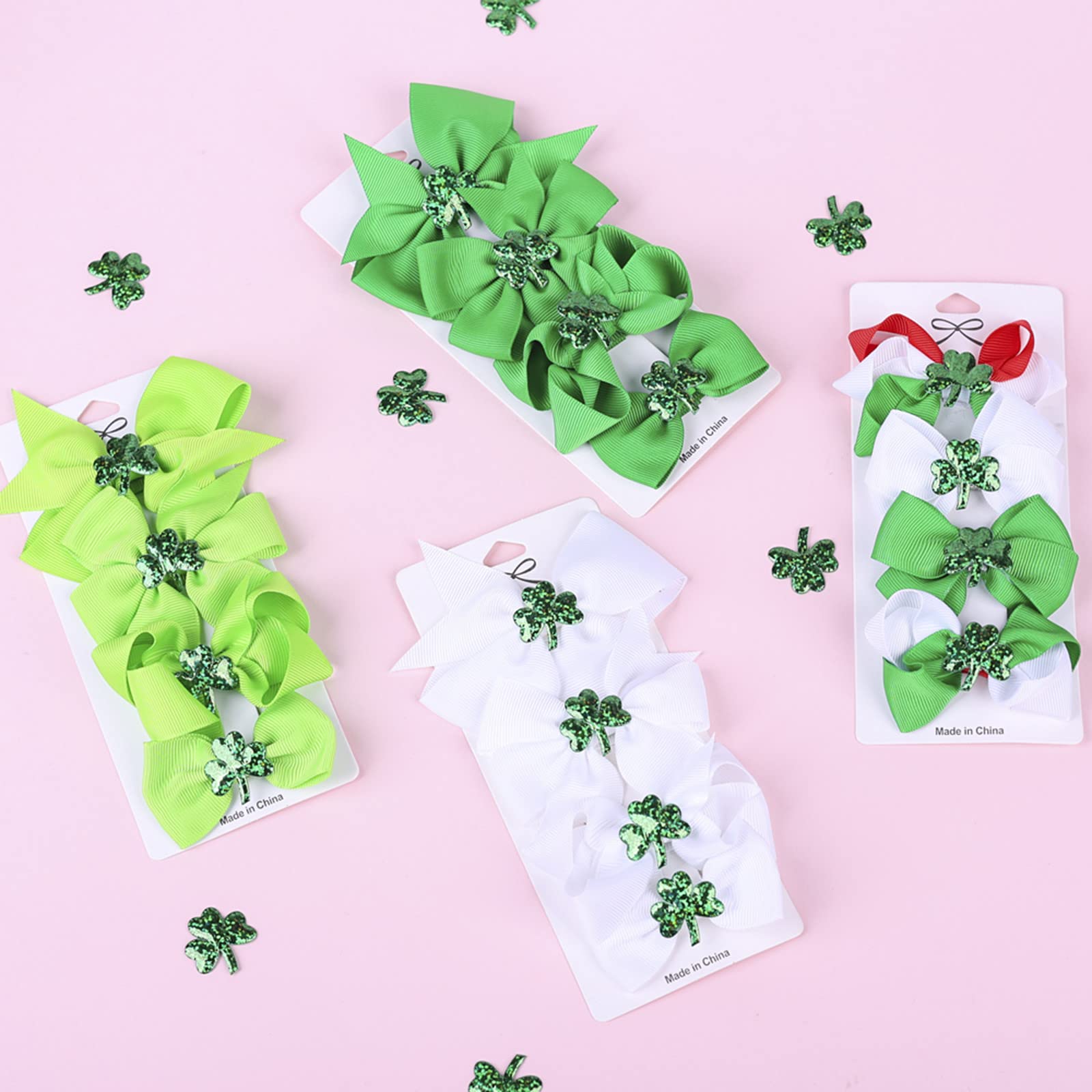 St. Patrick's Day Hair Clips for Girls - Irish Green Shamrock Clover Barrettes & Ribbon Hairpins - Perfect for Kids Party, School Events & Holiday Celebrations
