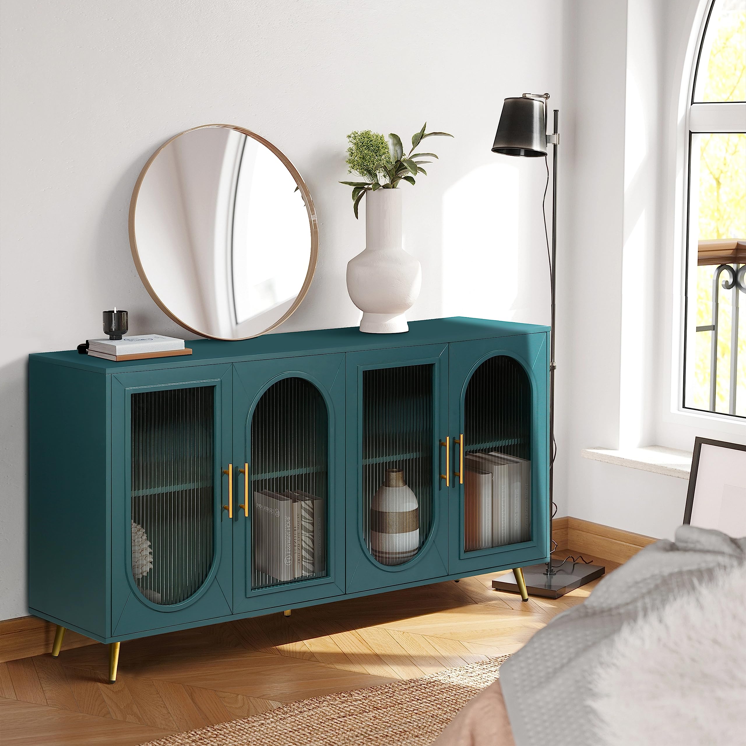 Antique Blue Buffet Sideboard Cabinet with Glass Doors - Freestanding Storage Cabinet for Dining Room, Living Room & Entryway | Large Kitchen Console Table for Home Decor & Organization