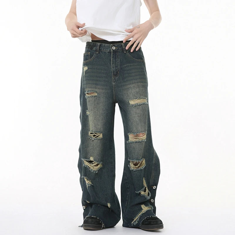 American Style Men's Jeans - Solid Color Distressed Denim Pants with Raw Edge & Wide Leg Design | Casual Straight Fit Loose Comfortable Male Trousers | Perfect for Streetwear, Daily Wear & Urban Fashion Outfits