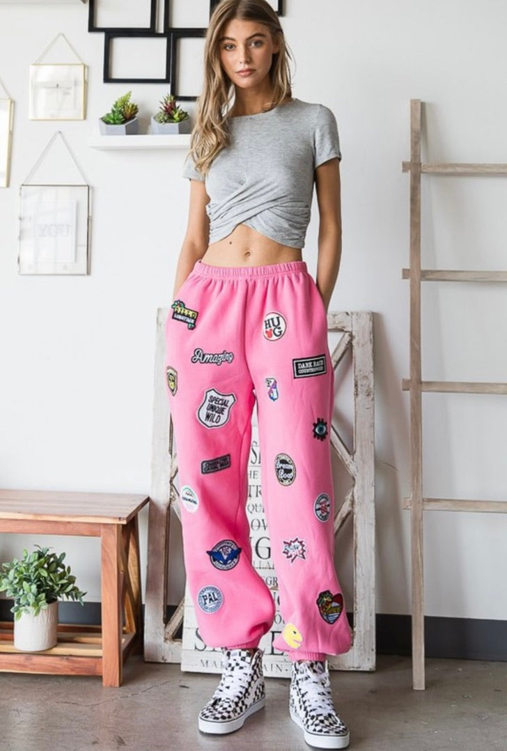 High Waisted Multi Patches Sweatpants for Women - Trendy Pink Joggers with Stylish Embroidered Details | Perfect for Casual Wear, Gym, and Lounge Outfits