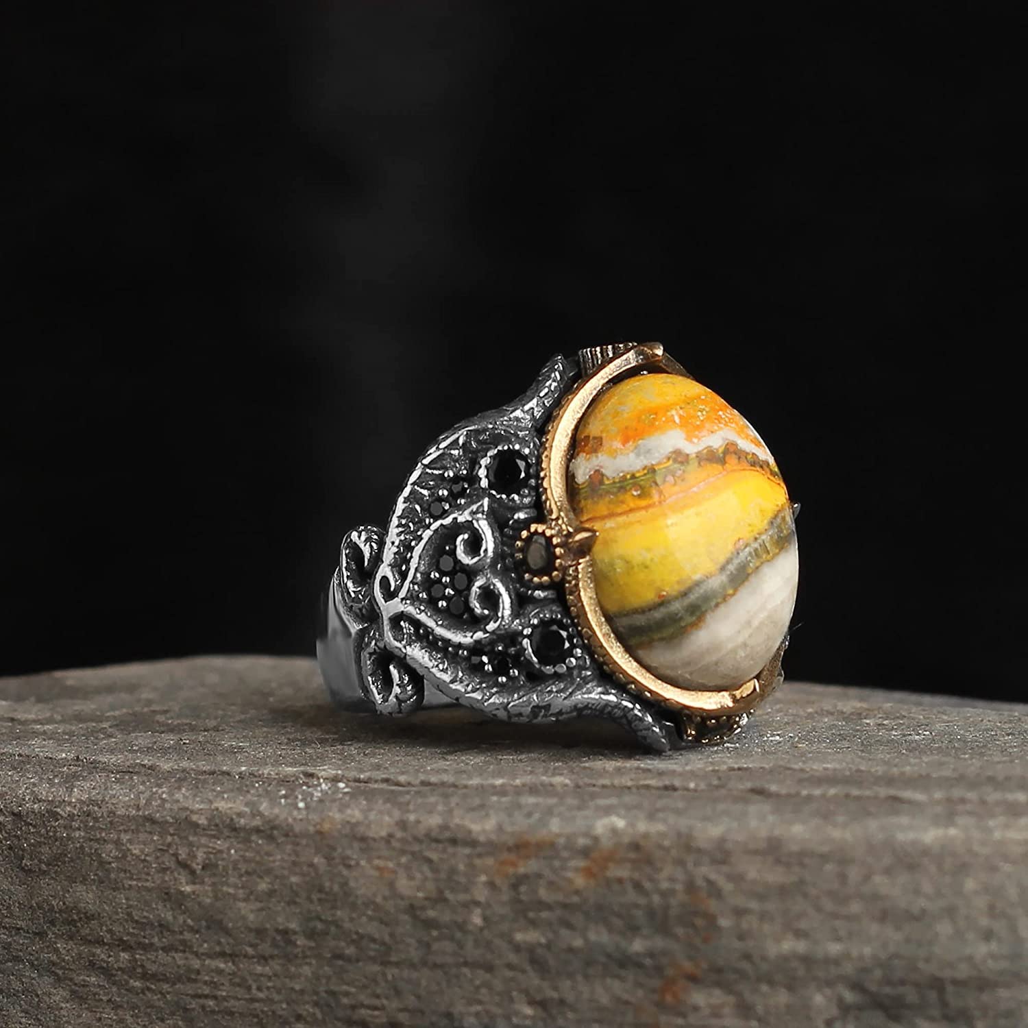 925 Sterling Silver BumbleBee Jasper Gemstone Ring for Men - Handmade Ottoman Turkish Style Jewelry - Unique Gift for Boyfriend, Husband, Father | Perfect for Birthdays, Anniversaries & Special Occasions