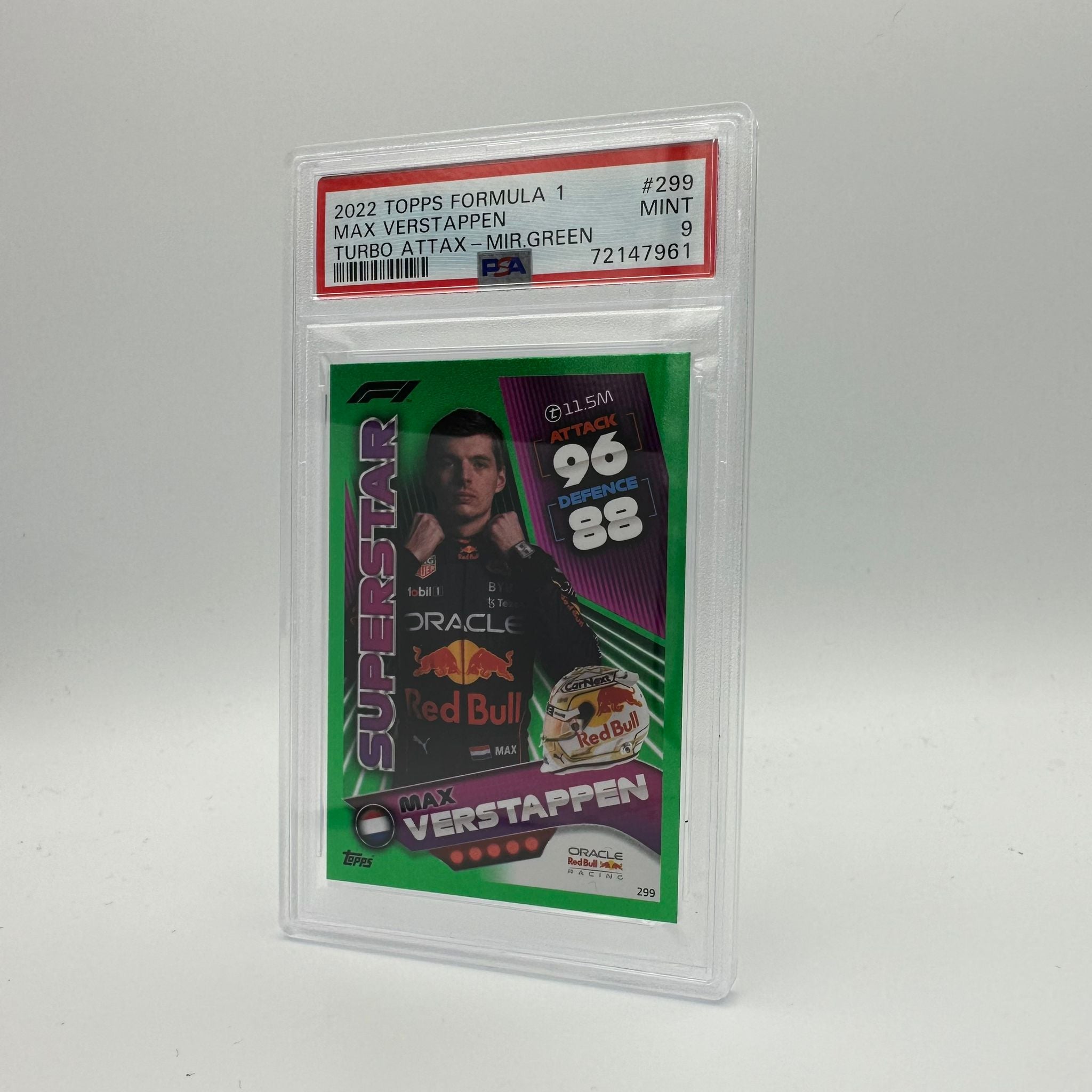PSA 9 Graded Max Verstappen #299 Superstar Mirror Green 423/500 - Rare F1 Trading Card for Collectors & Fans - Perfect for Sports Memorabilia Displays & Investment Portfolios