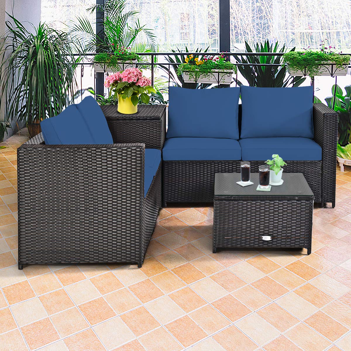 HappyGrill 4-Piece Patio Furniture Set - Outdoor Rattan Wicker Conversation Sofa with Storage Box & Tempered Glass Coffee Table - Perfect for Backyard, Garden, Porch, Poolside & Outdoor Entertaining