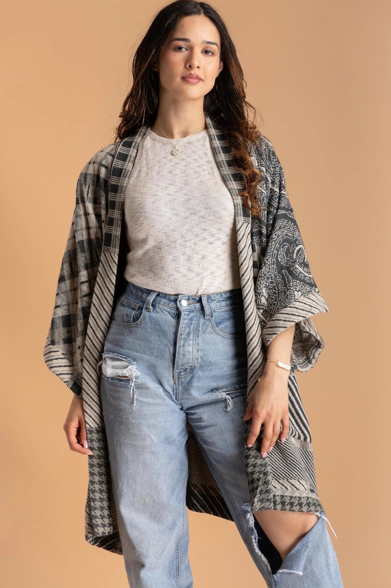 Stylish Mixed Plaid Pattern Long Jacket for Women - Trendy Fall Winter Coat with Pockets - Perfect for Office, Dating & Outdoor Activities