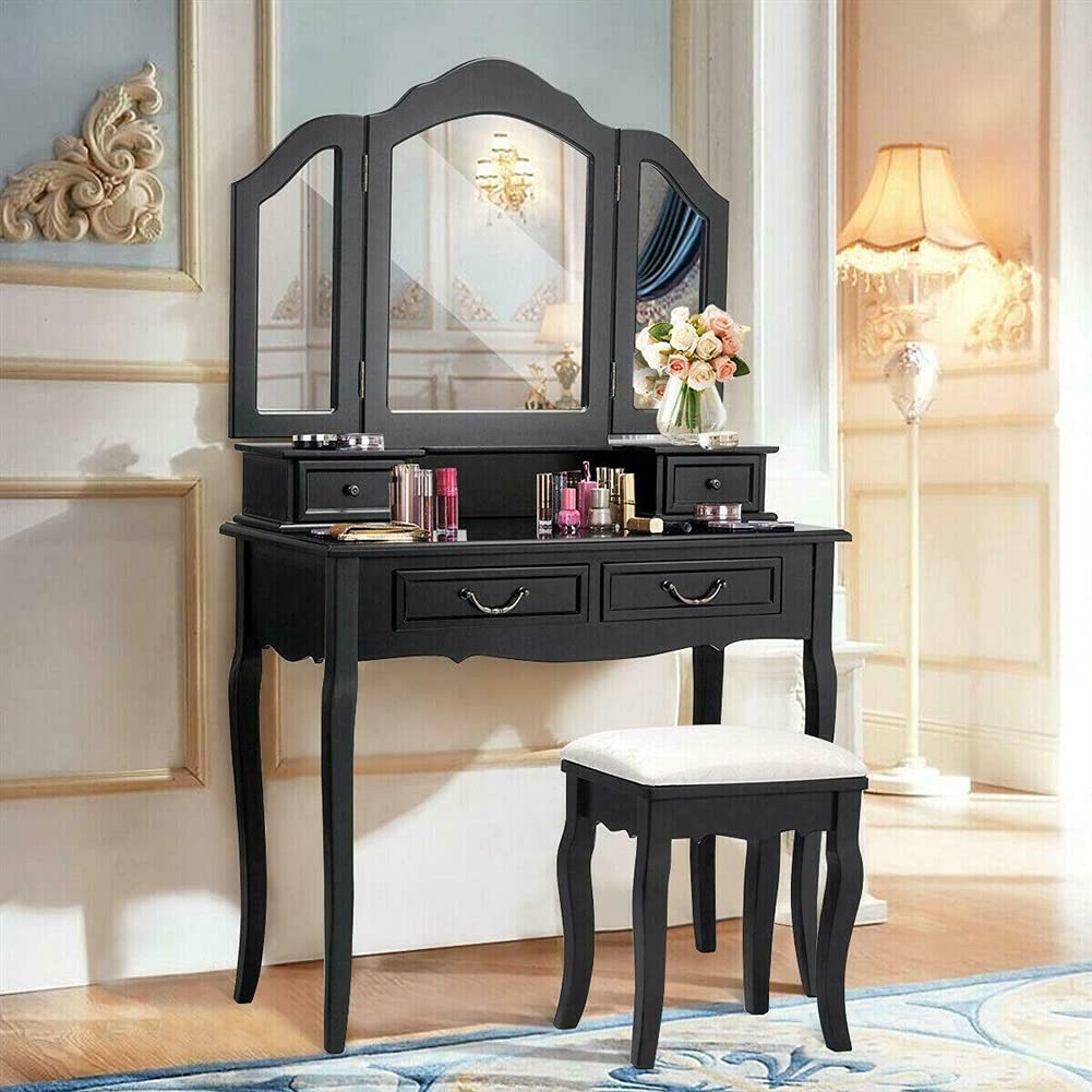 YJYDD Black Tri-Folding Mirror Vanity Set with 4 Drawers, Makeup Dressing Table & Stool - Perfect for Bedroom, Bathroom, and Salon Makeup Organization