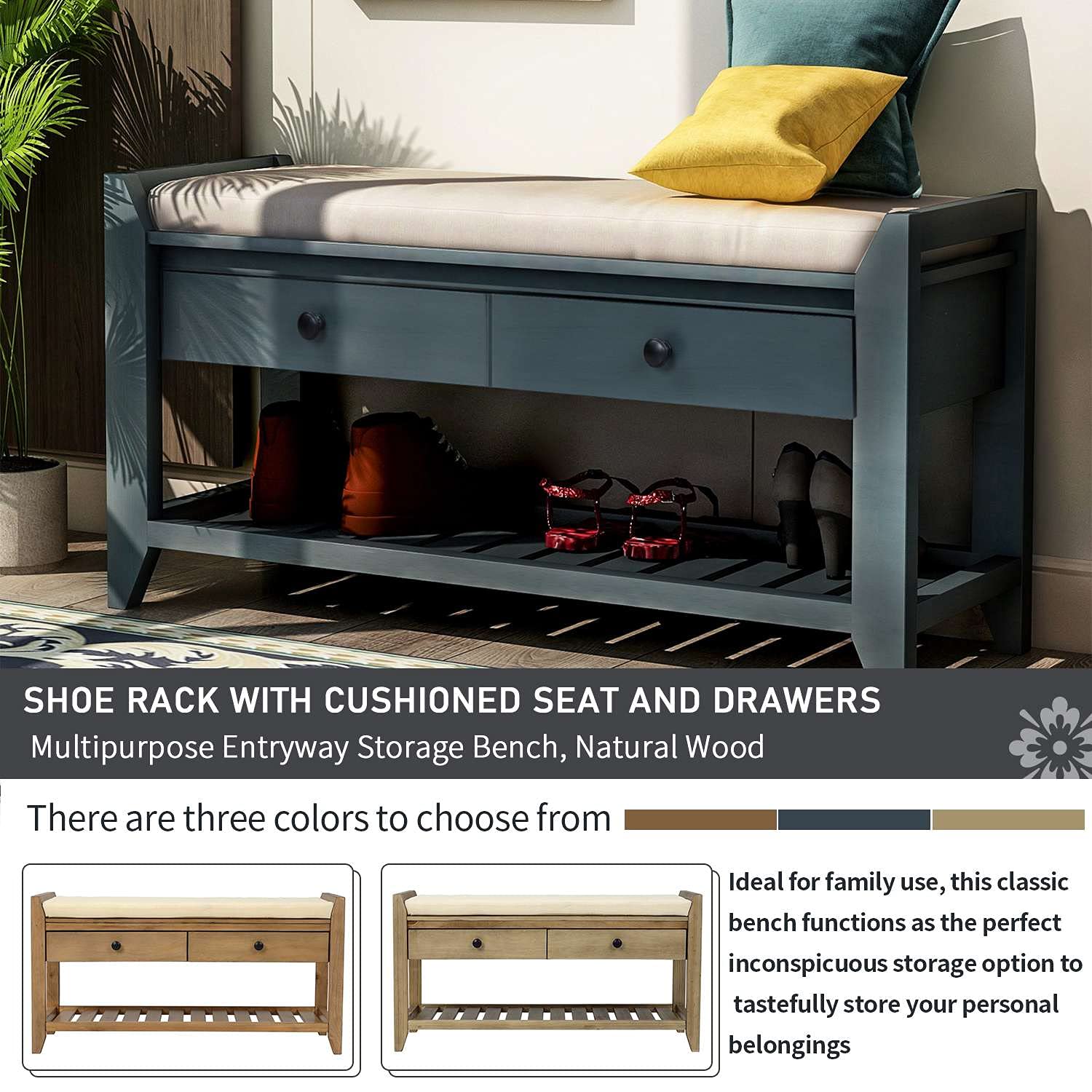 Multipurpose Storage Bench with Cushioned Seat & Drawers - Shoe Rack, Entryway Organizer for Hallway, Bedroom & Living Room | Durable Home Furniture