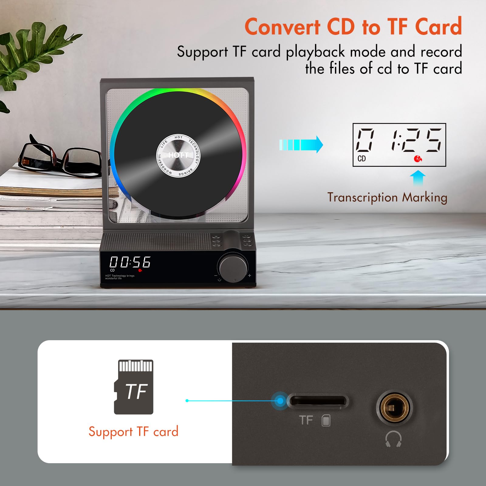 Portable Bluetooth CD Player with HiFi Speakers - 5.3 Wireless, RGB Lights, TF Card Slot & USB Recording - Desktop CD Player with LED Display for Home, Office & Car Use (Grey)