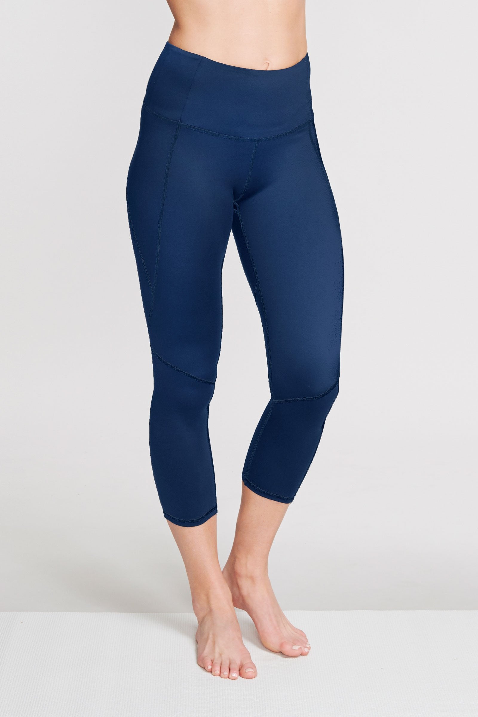 High Waisted Slimming Capri Leggings for Women - Solid Navy - Tummy Control Workout Yoga Pants for Running, Gym & Lounge Wear
