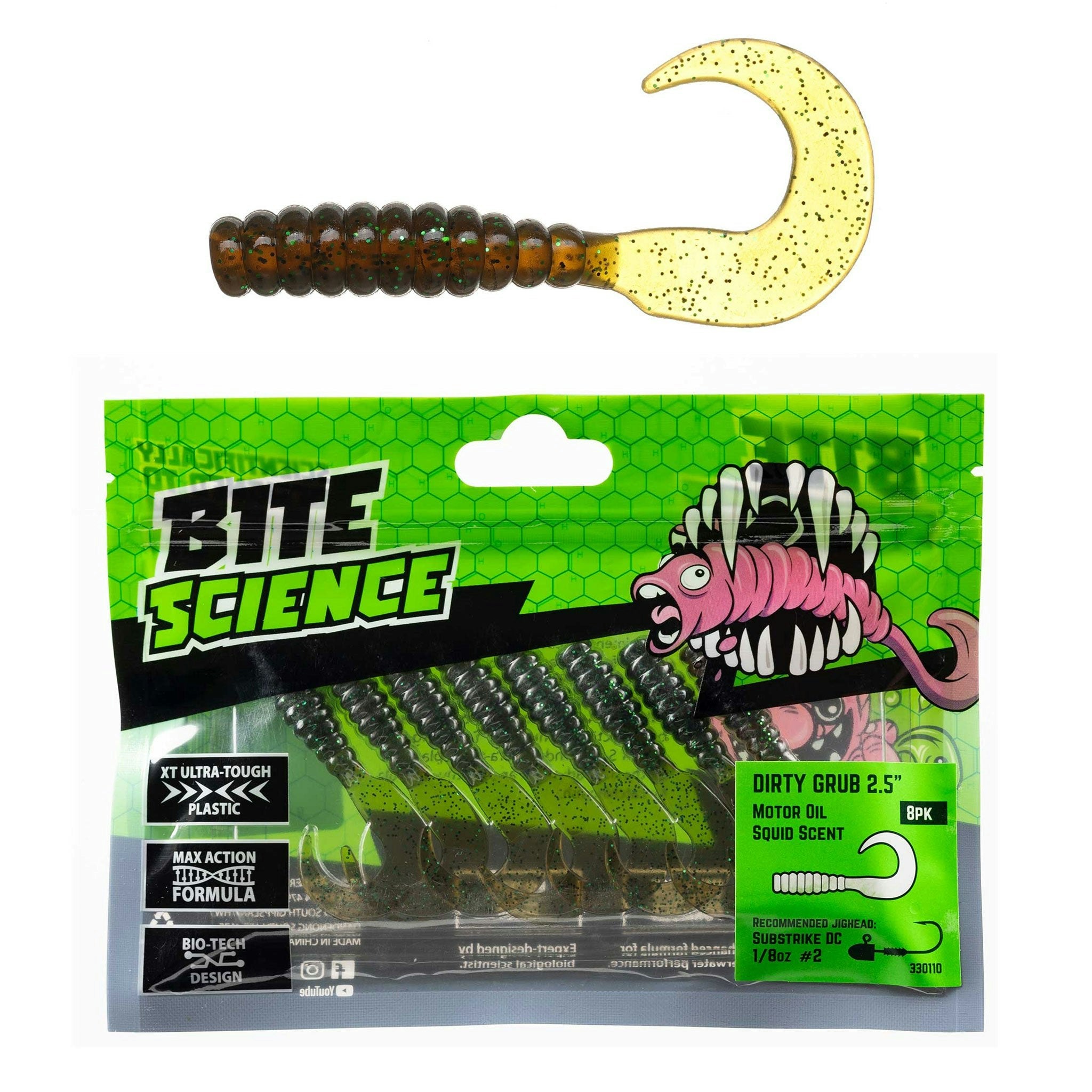 Bite Science Dirty Grub Fishing Lures 8-Pack - Soft Plastic Bait for Bass, Trout & Panfish - Ideal for Freshwater & Saltwater Fishing