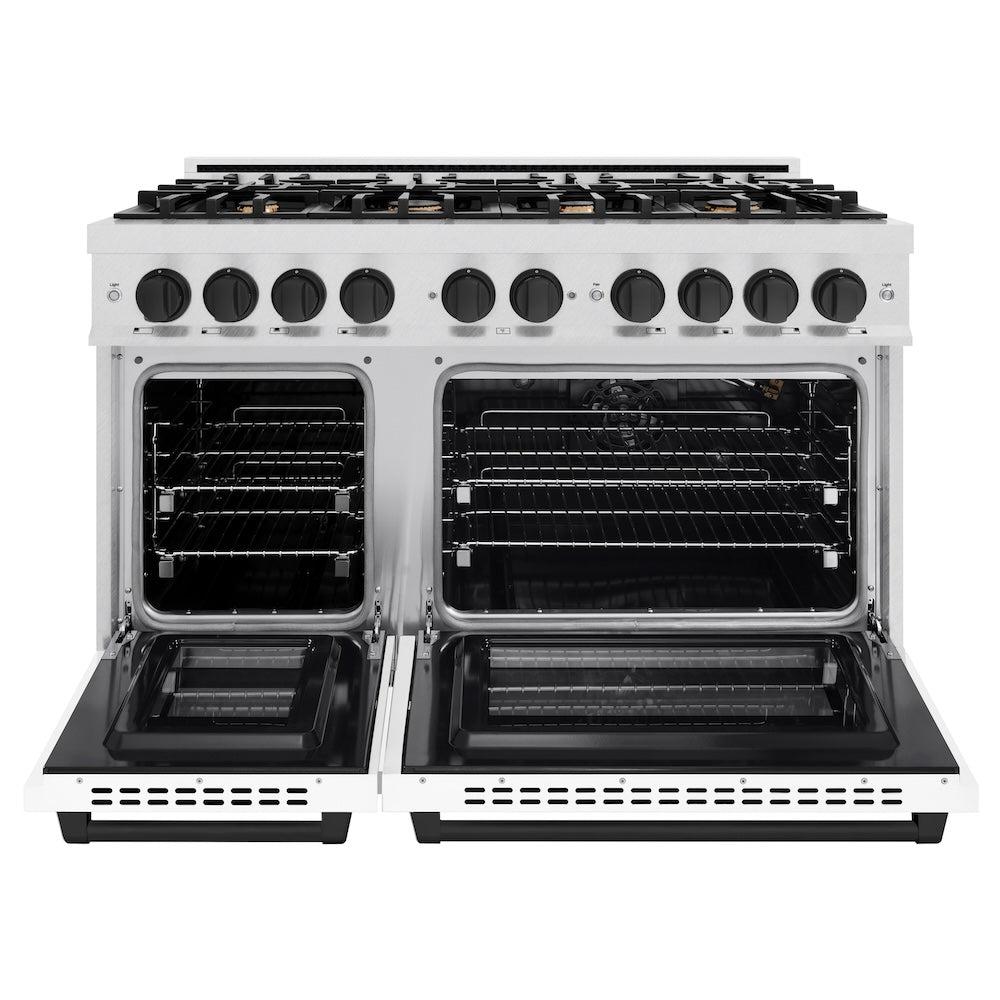 ZLINE Autograph Edition 48-Inch 6.7 cu. ft. Double Oven Gas Range with 8-Burner Cooktop - Satin Stainless Steel, White Matte Doors & Black Accents (HGRSZ WM 48 MB) | Professional Kitchen Appliance for Home Chefs & Cooking Enthusiasts
