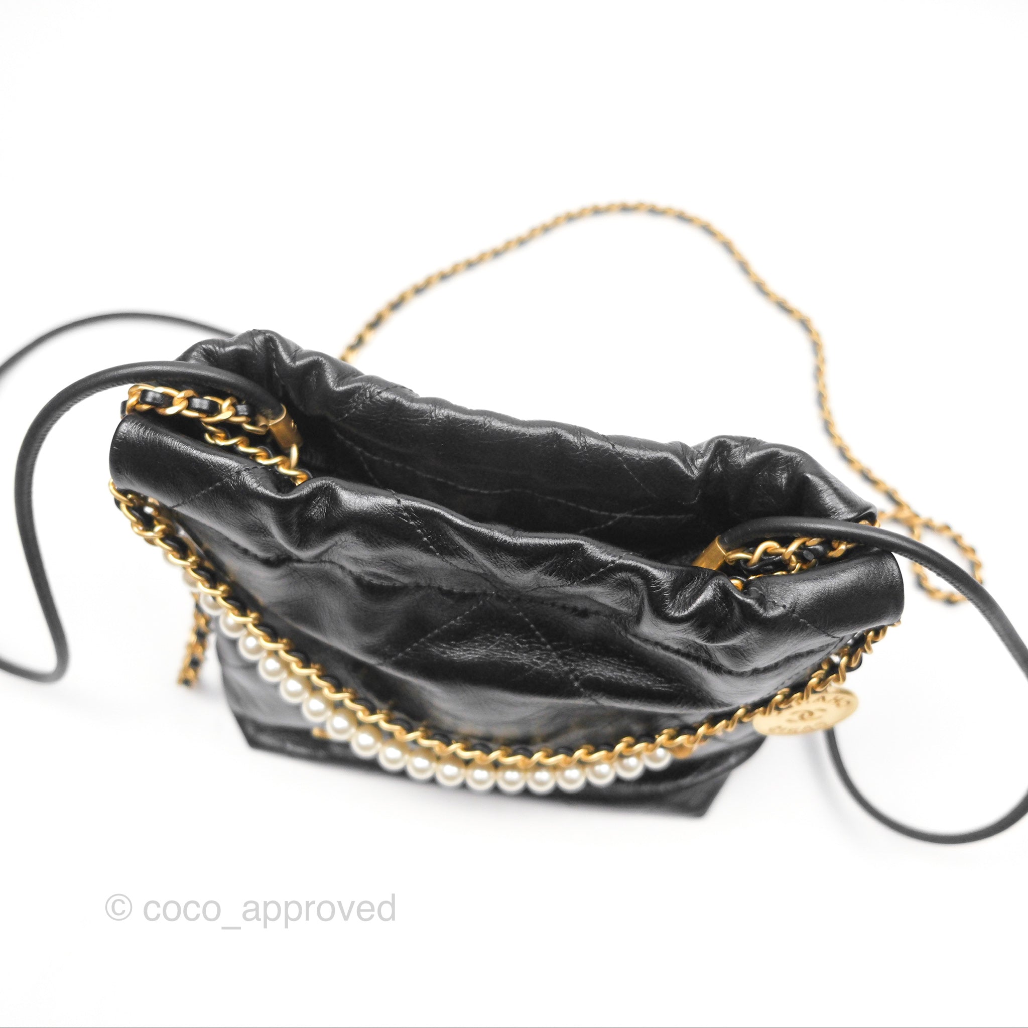 Chanel 22 Quilted Logo Mini Bag with Pearl Chain - Black Shiny Crumpled Calfskin Crossbody Purse for Women | Luxury Designer Handbag for Evening Parties, Date Nights & Special Occasions