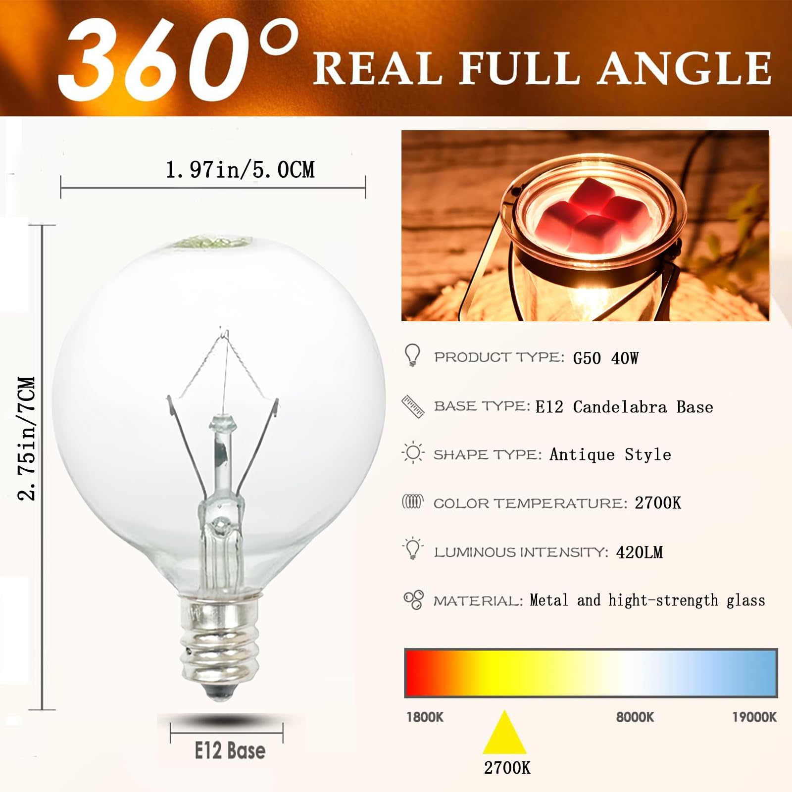40W E12 Candelabra Base Light Bulbs - 6 Pack Soft Warm White G50/120V Wax Warmer Bulbs for Scentsy, Wax Melt Warmers, Chandeliers & Table Lamps - Perfect for Home Fragrance & Ambient Lighting