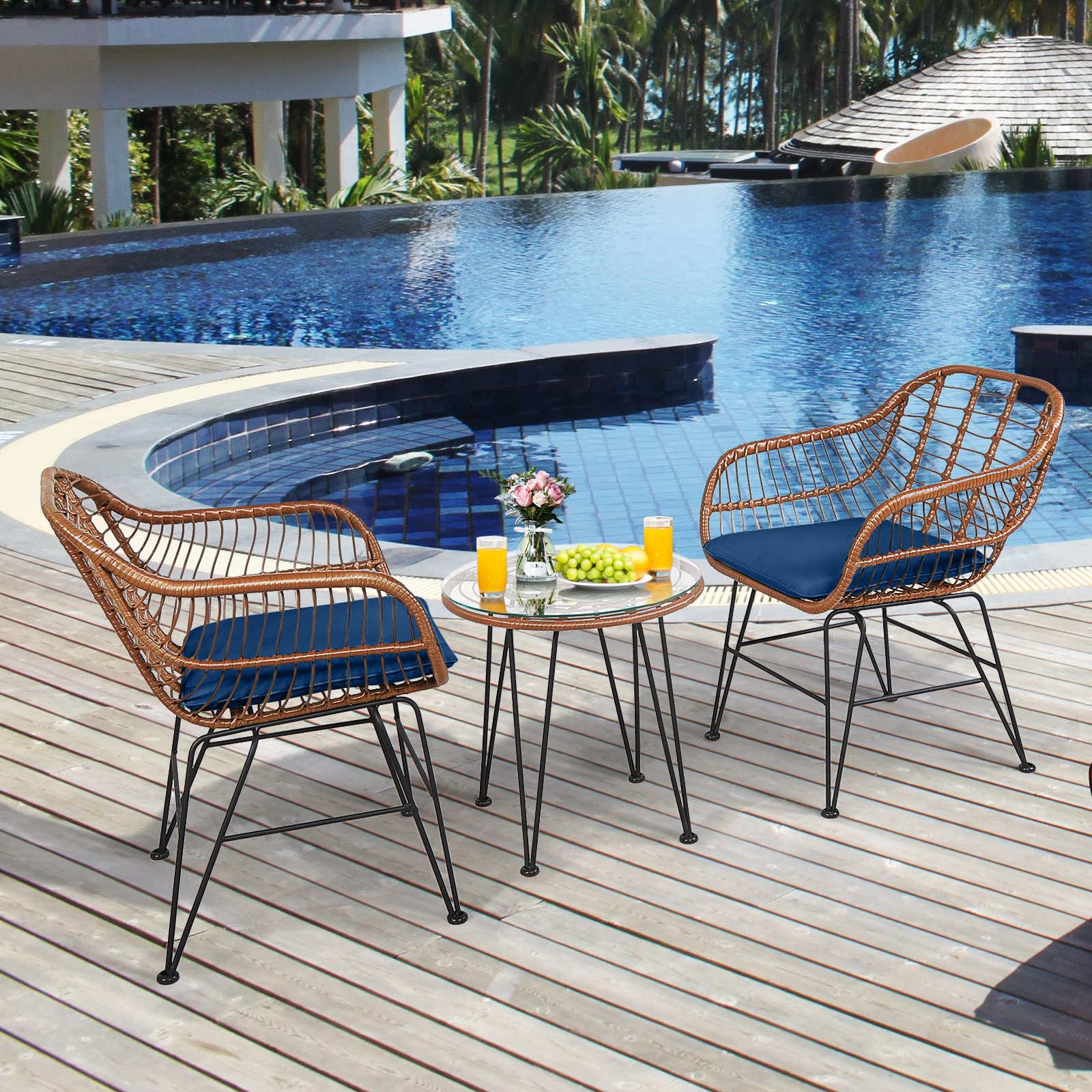 Tangkula 3-Piece Patio Conversation Set - Outdoor Wicker Bistro Furniture with Round Tempered Glass Table & 2 Rattan Armchairs, Includes Cushions - Perfect for Porch, Backyard, Garden, Poolside & Outdoor Dining