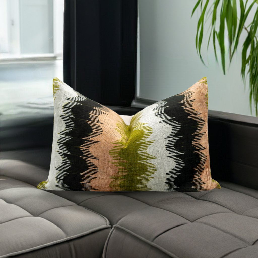 16x24 Inch Earthy Wave Pattern Throw Pillow - Modern Beige Green Black & White Decorative Cushion with Down Feather Insert - Perfect for Sofa, Bed, Living Room & Home Decor