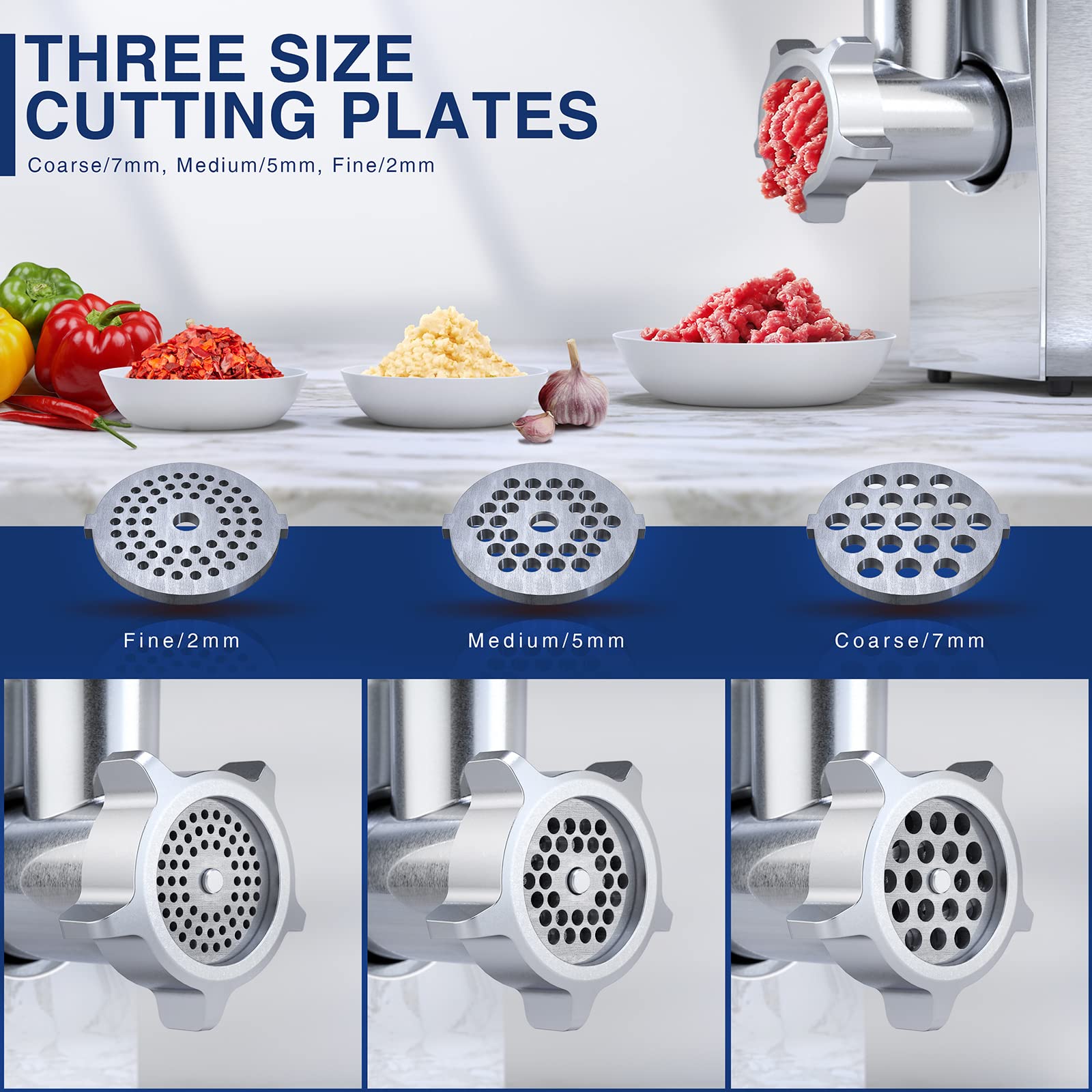 CHEFFANO 2600W Electric Meat Grinder - Heavy Duty Stainless Steel Mincer Machine with 2 Blades, 3 Grinding Plates, Sausage Stuffer & Kubbe Kit - ETL Certified for Home Kitchen, Restaurant & Commercial Use - Perfect for Ground Beef, Sausages & Homemade Pet Food