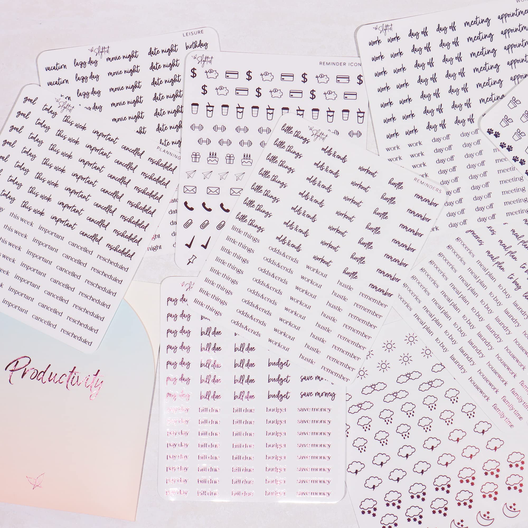 Clear Medium Pink Foil Planner Stickers Set - 600+ Productivity Stickers with Functional Icons & Words - Includes Storage Folder - Minimalist Cherry Soda Design - Perfect for Bullet Journals, Planners, Scrapbooks & DIY Projects