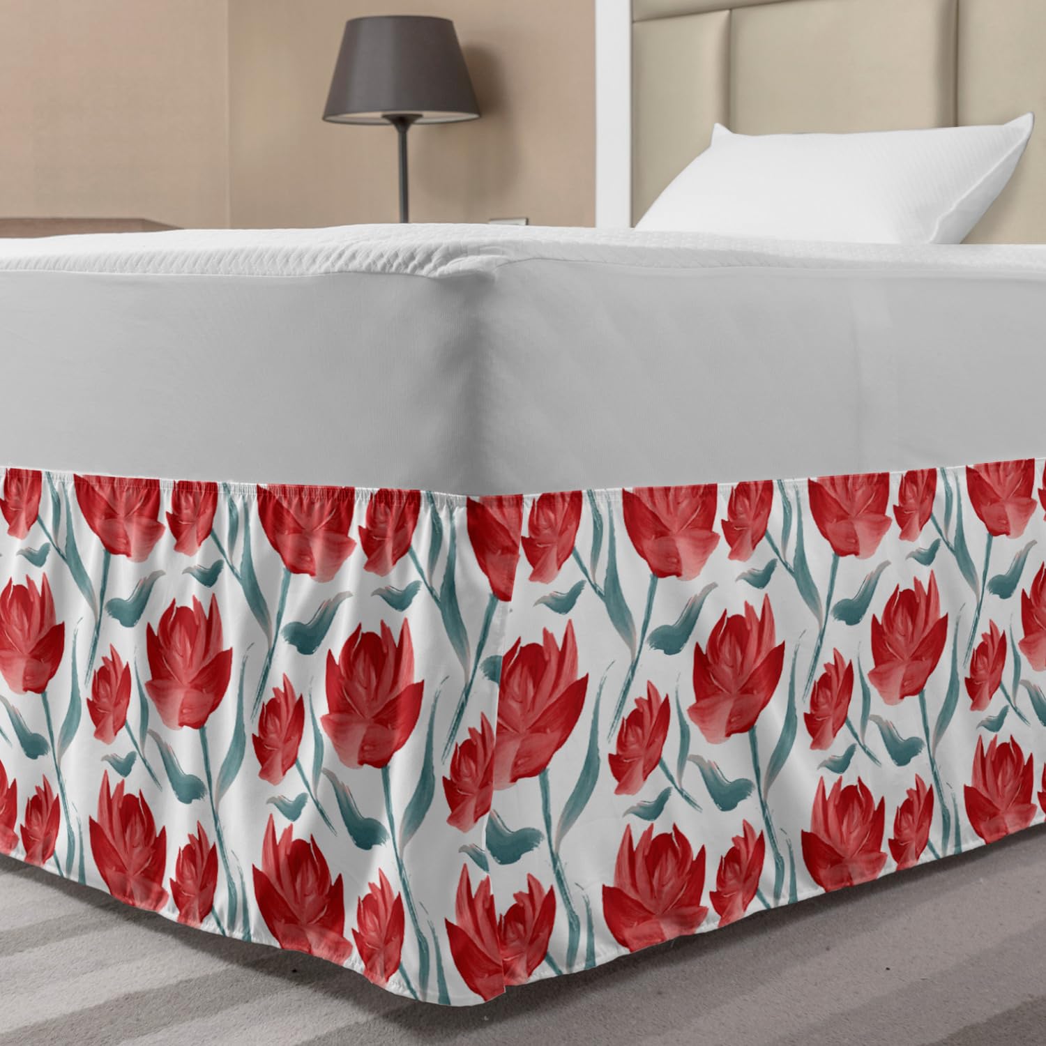 Ambesonne Watercolor Floral Bed Skirt - Romantic Rose Bloom Design for Valentine's Day & Anniversary Decor - Elastic Dust Ruffle Wrap Around Bed Skirt for Full Size Beds - Vermilion Slate Blue - Perfect for Bedroom Makeover, Wedding Gift & Romantic Home Decor