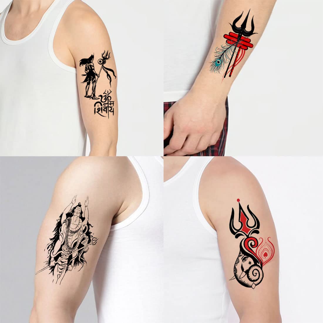 Om Trishul with Lord Shiva Temporary Tattoo Stickers - Pack of 4 Waterproof Body Art for Men & Women (2x4 Inch) - Perfect for Festivals, Yoga, Spiritual Events & Costume Parties