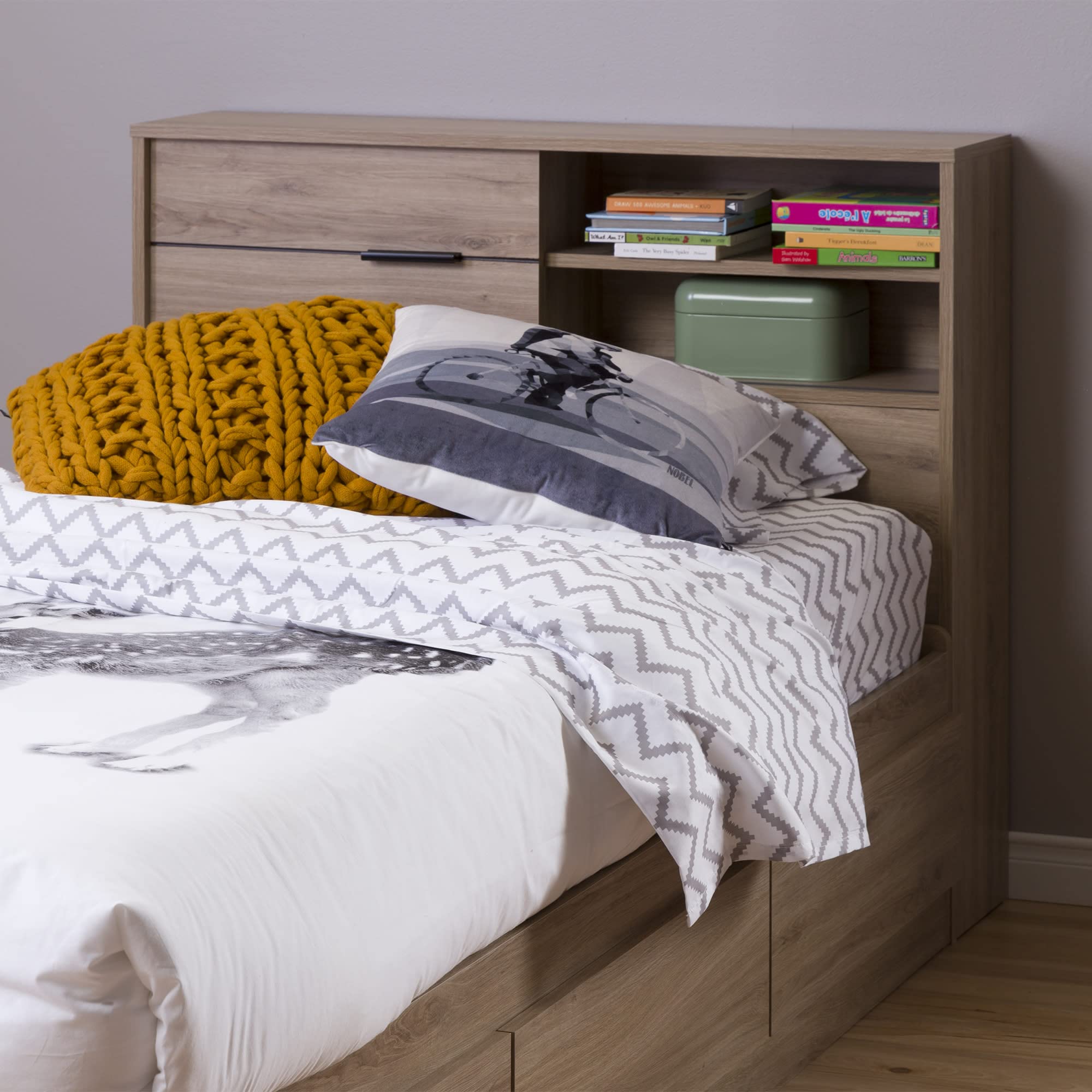 South Shore Fynn Twin Size Headboard with Storage - Rustic Oak Finish for Bedroom Organization & Space Saving