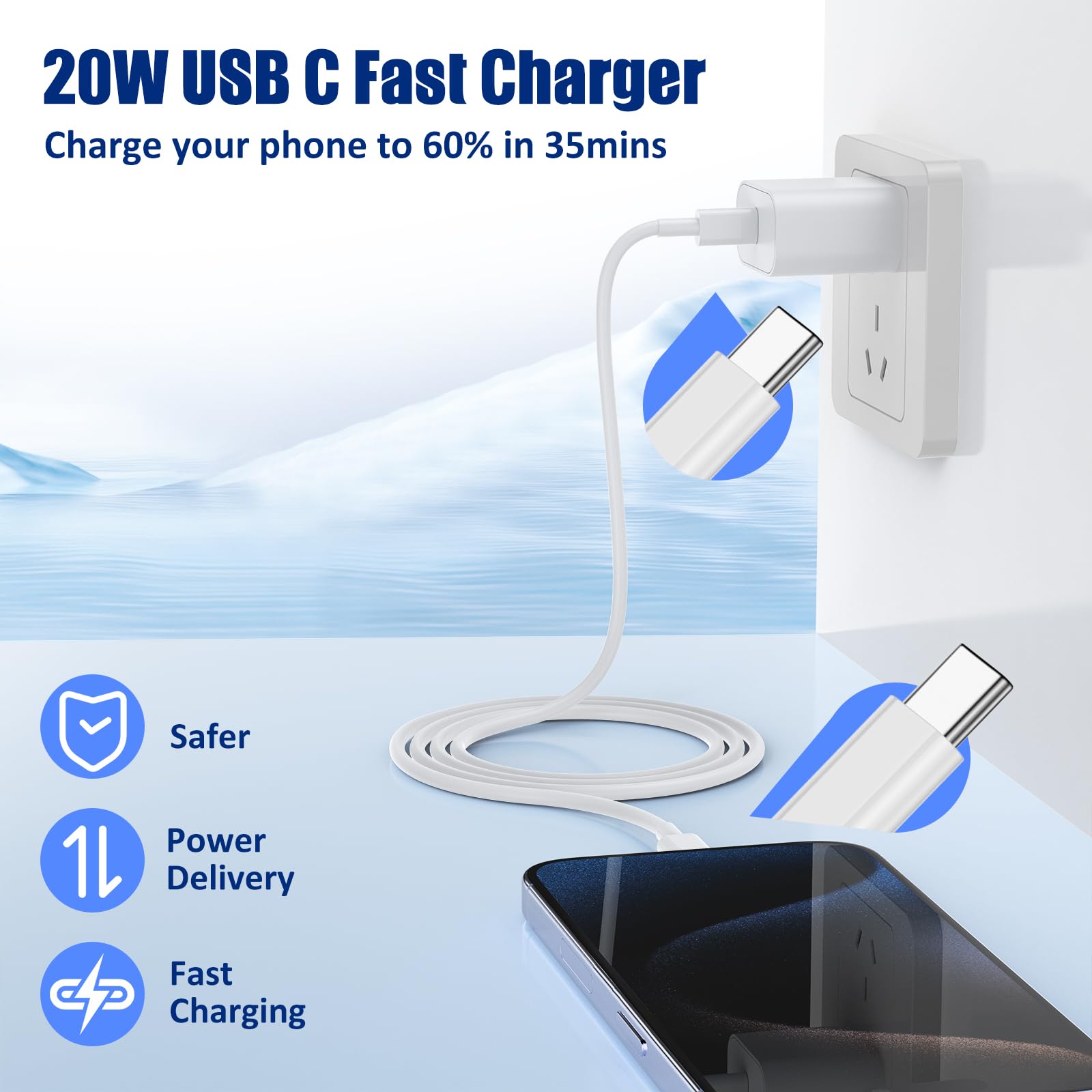 20W Fast Charger 3-Pack with 3/6/10FT USB C Cables - Compatible with iPhone 16/15/15 Plus/15 Pro Max, iPad Pro/Air, AirPods & Samsung Galaxy - Quick Charging for Home, Office & Travel