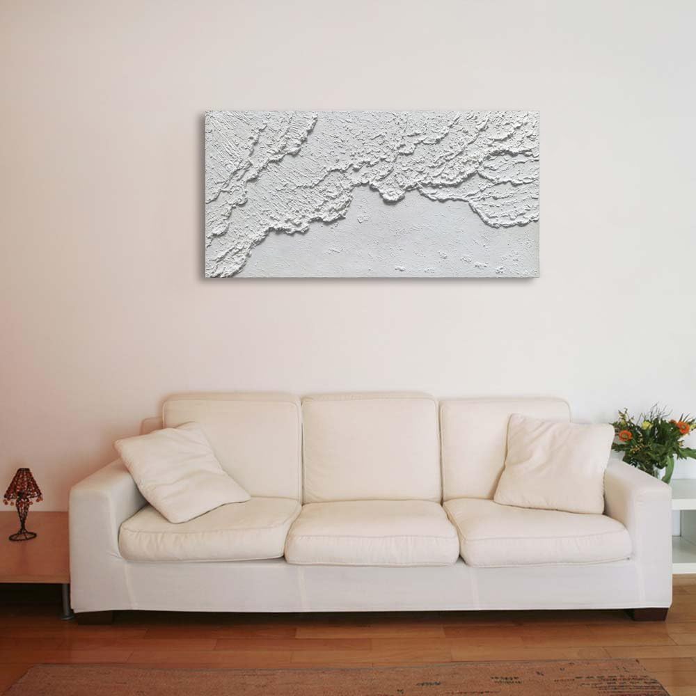 Handmade White Textured Wall Art - Contemporary Modern Ocean Wave Abstract Oil Painting on Canvas - Perfect for Living Room & Bedroom Decor - Coastal Beach Theme Home Interior Design