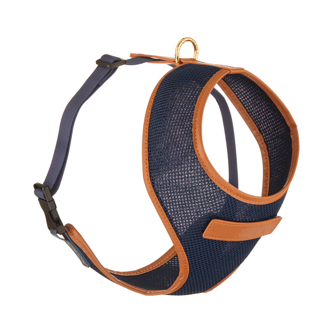 Premium Navy Blue Dog Harness with Tan Trim - Adjustable, Reflective & Padded for Small to Large Dogs - Perfect for Walking, Hiking & Outdoor Adventures