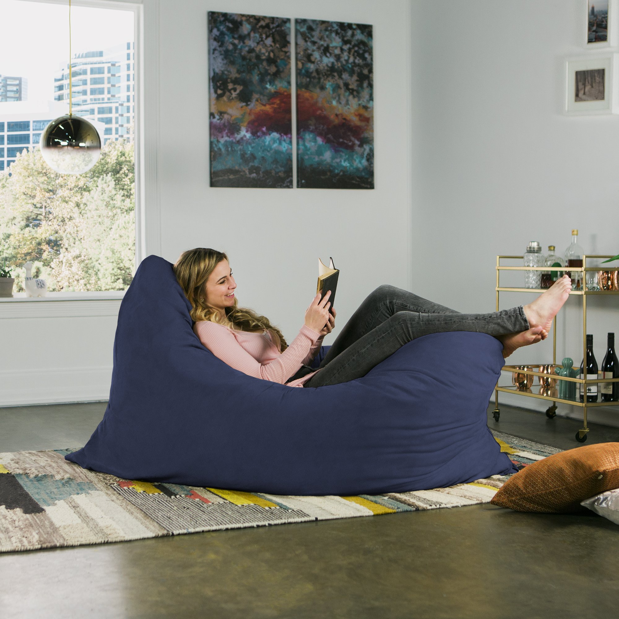 Jaxx Pillow Saxx 5.5-Foot Oversized Bean Bag Chair - Navy Blue Giant Floor Pillow for Adults, Kids Lounger & Gaming Chair - Perfect for Living Room, Bedroom, Dorm or Playroom